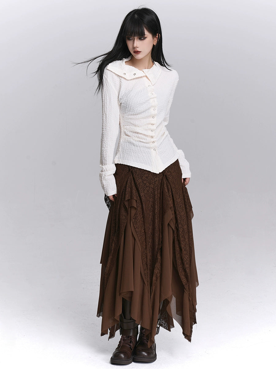 Shop Sanhoostudio’s textured early autumn irregular shirt with unique details for a stylish streetwear look. Perfect for casual layering and chic daily outfits.