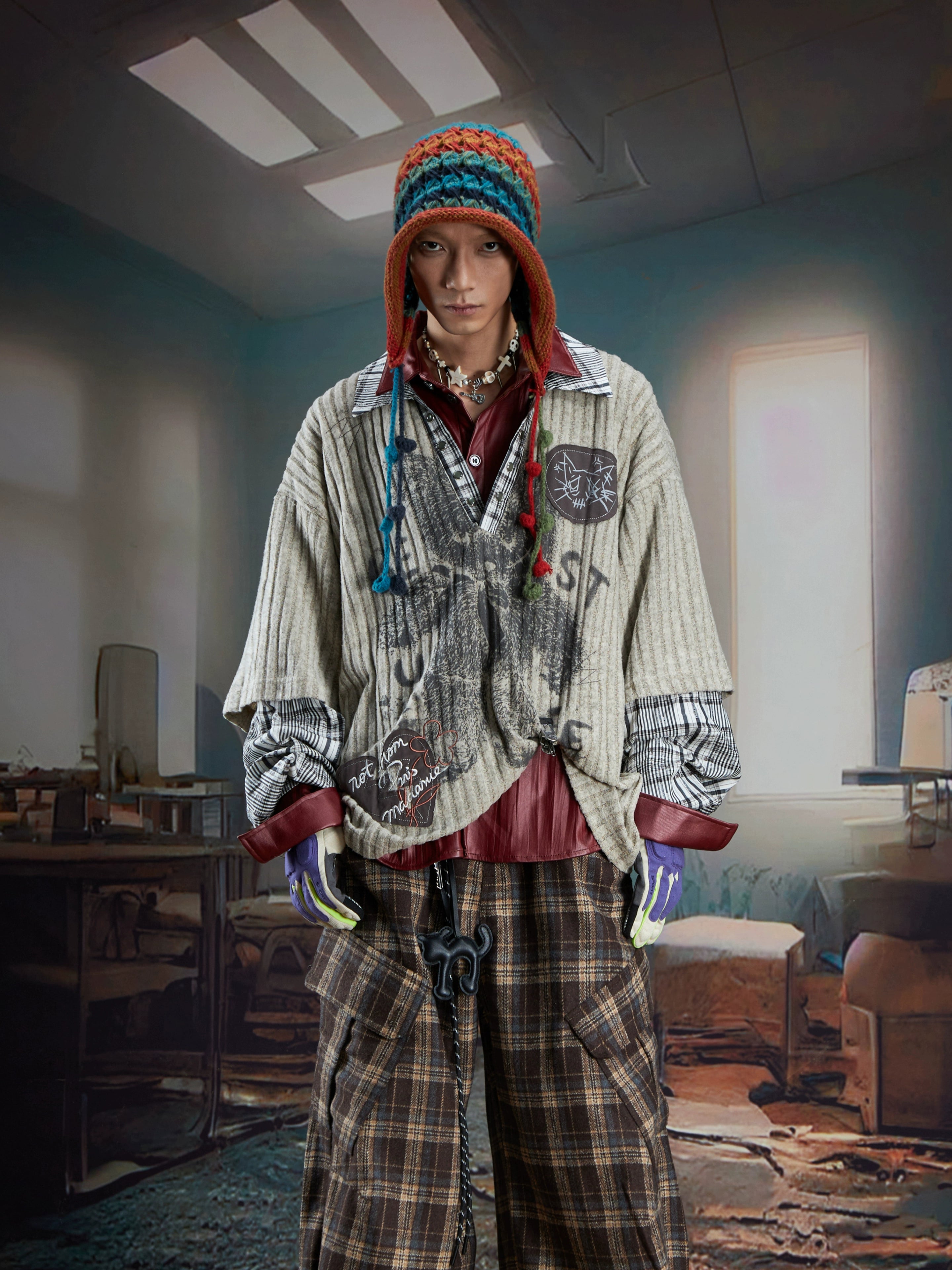 Layered V-Neck Long Sleeve Shirt-Collar Loose Fit Sweatshirt