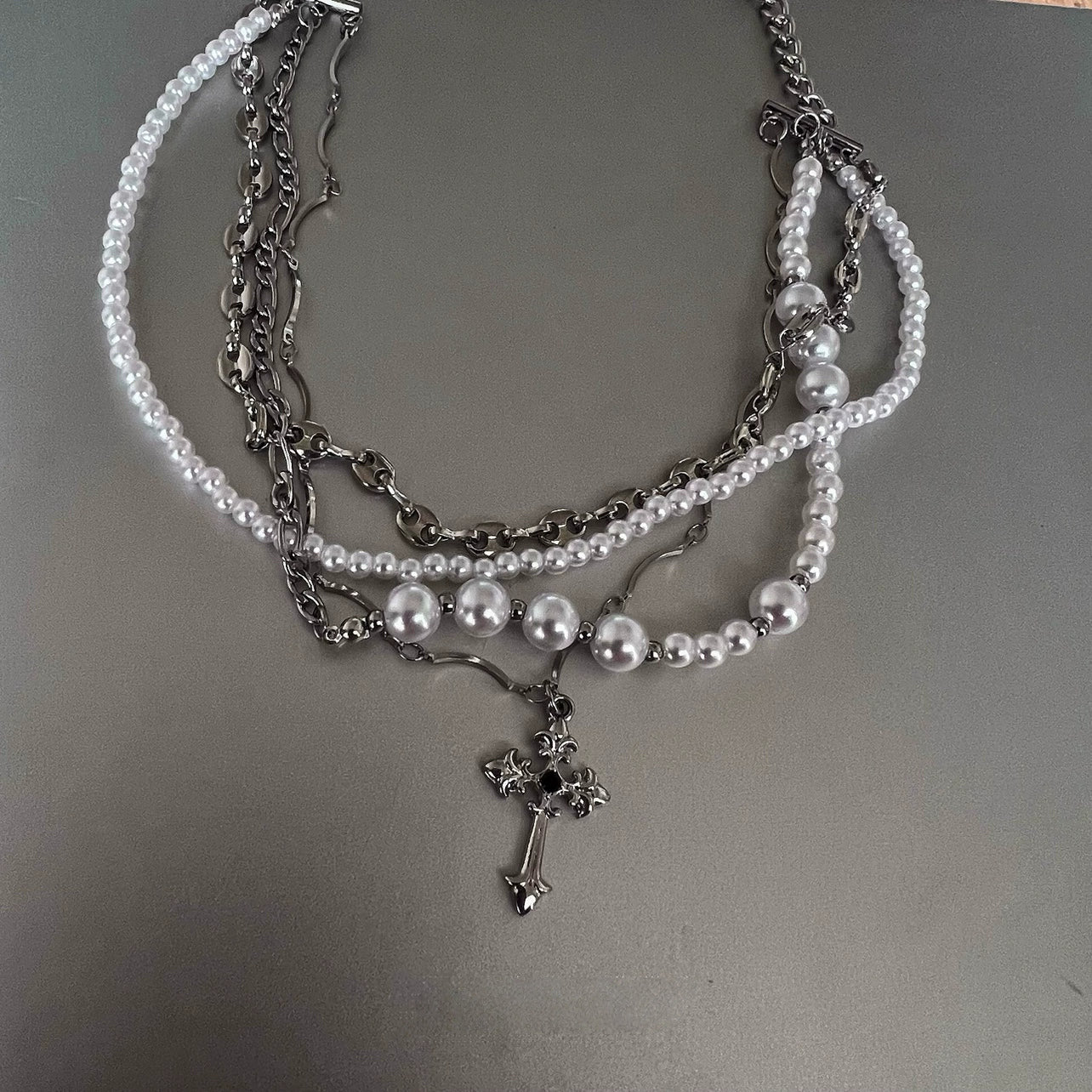 California Cross Pearl Multi-Layer Necklace