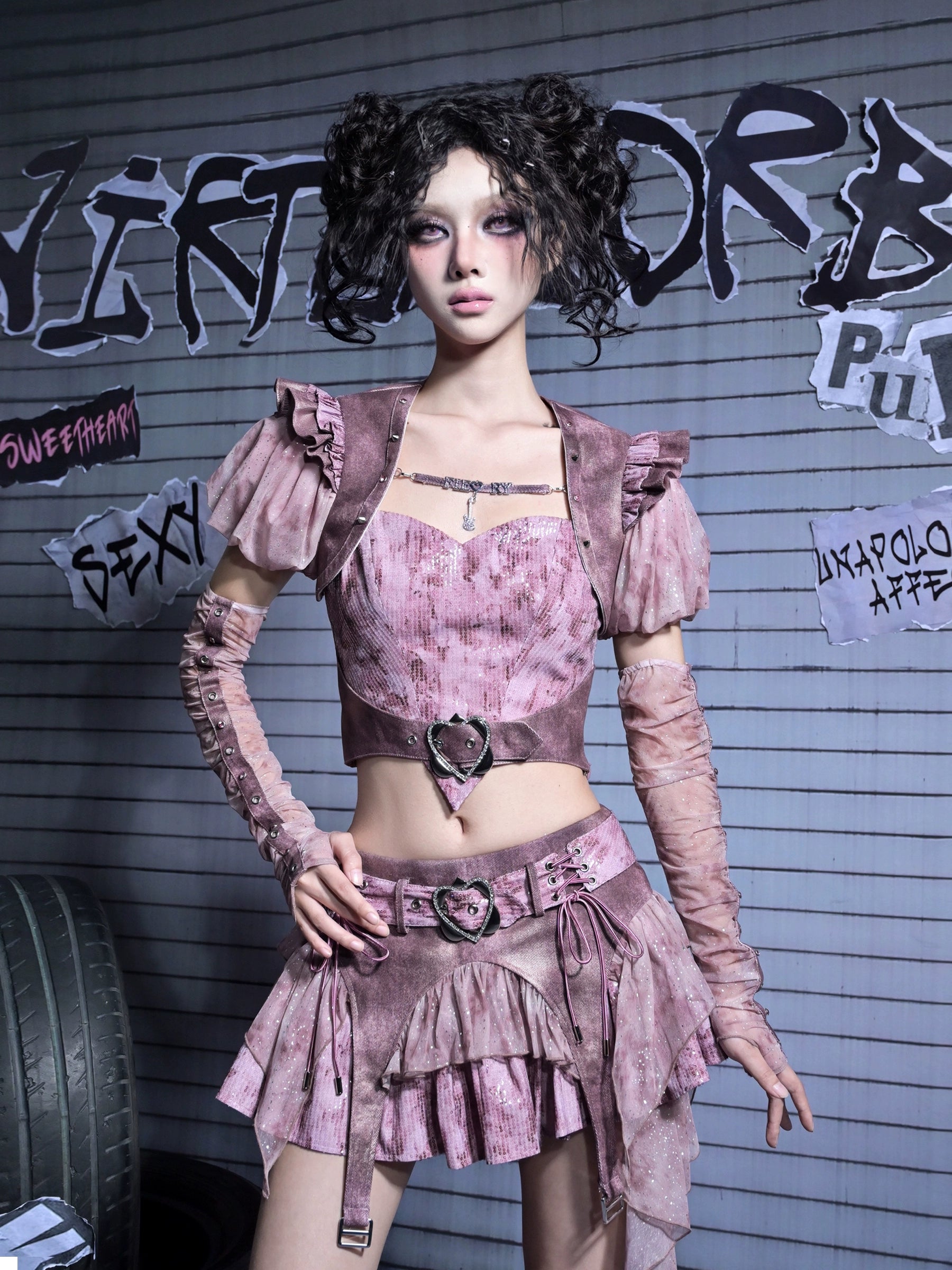 Puff Sleeve Heart Strap Top Set