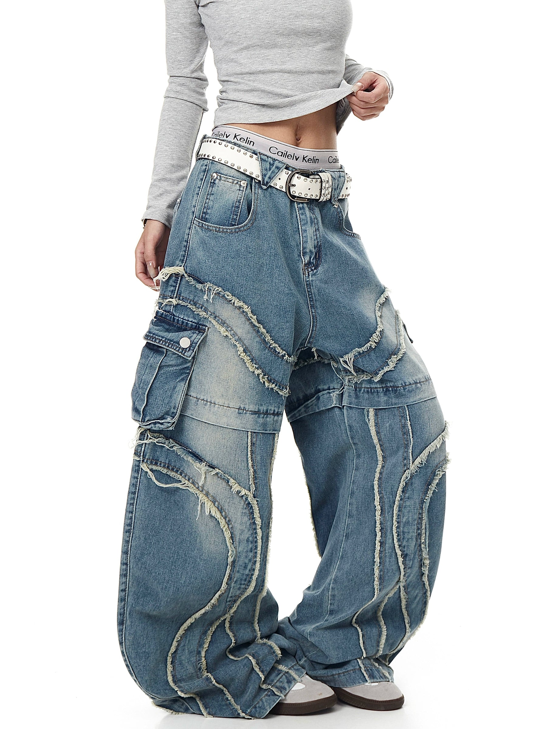 High Street Patchwork Denim Cargo Pants