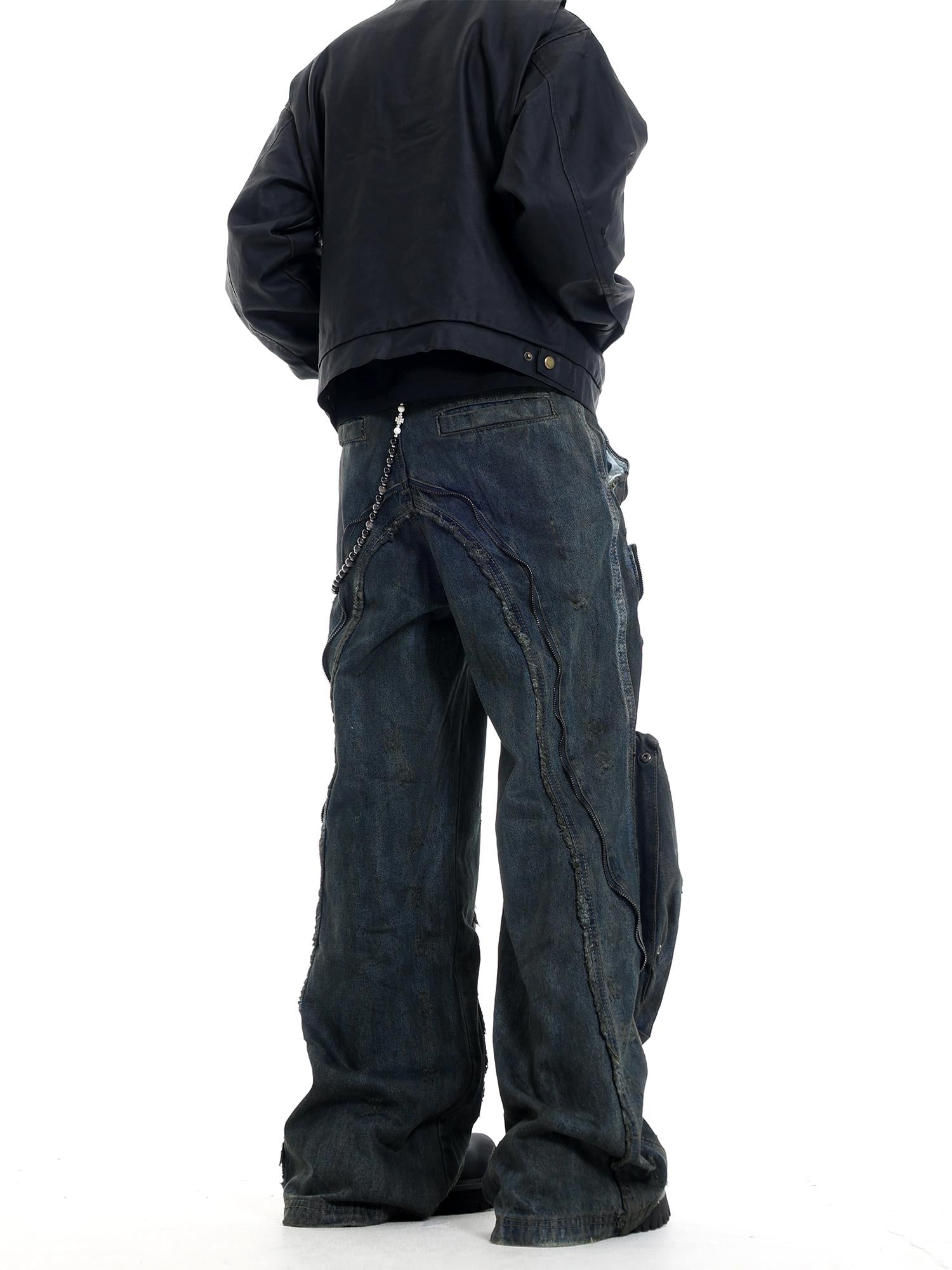 Spliced Distressed Raw Edge Clean-fit Straight Jeans