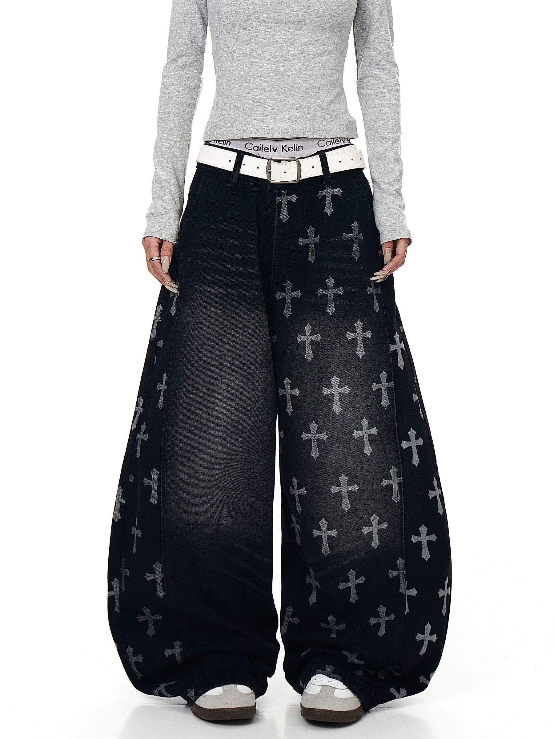 An icon of gothic rebellion — cross-printed denim with a relaxed wide-leg silhouette. Designed for high-street dreamers and underground believers by SanhooStudio.