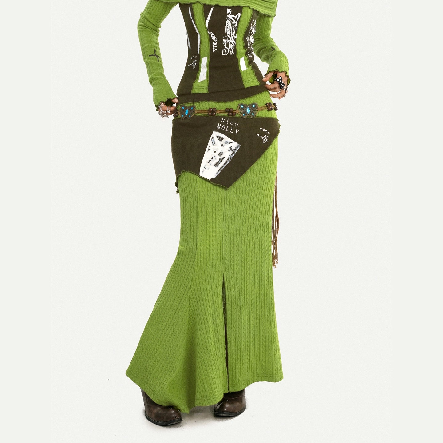 Avant-Garde Olive Off-Shoulder Fitted Split Long Dress Two-Piece Set
