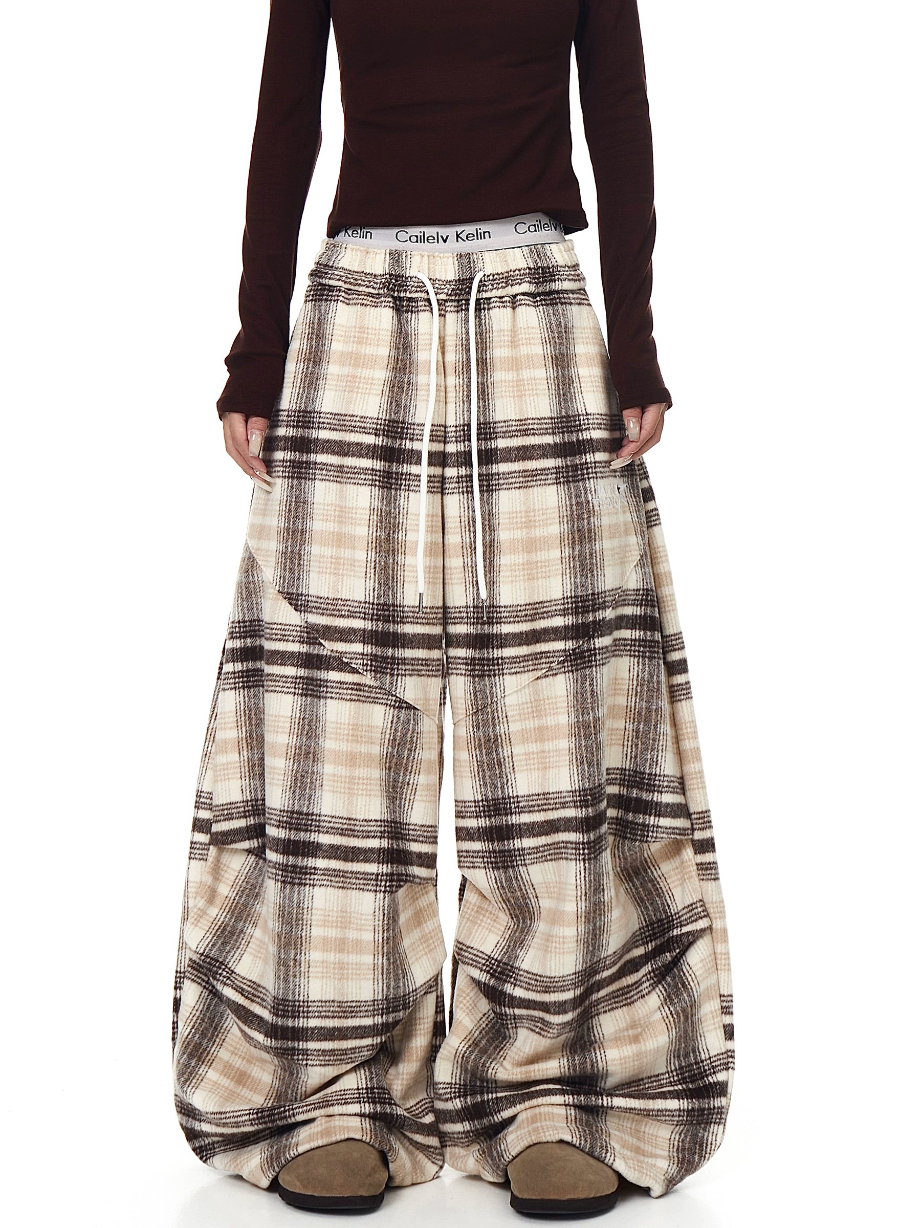 Plaid Wool Thickened Pleated Street Pants
