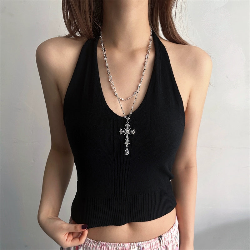 Y2K Crystal Beaded Cross Layered Necklace