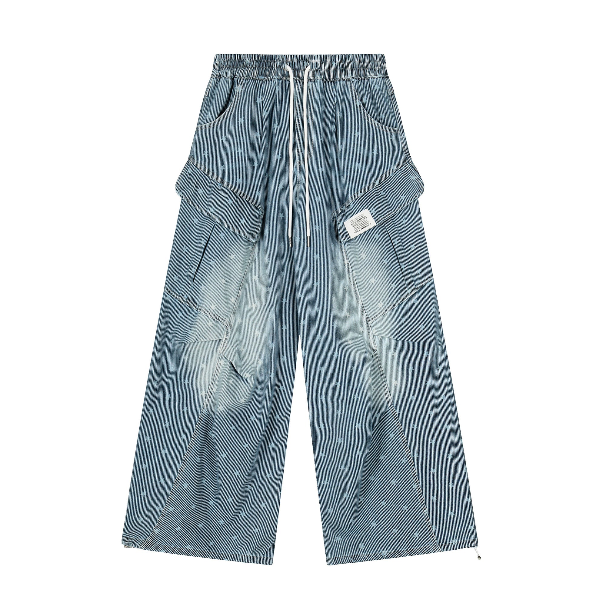 Vintage Star Print Striped Denim Pants