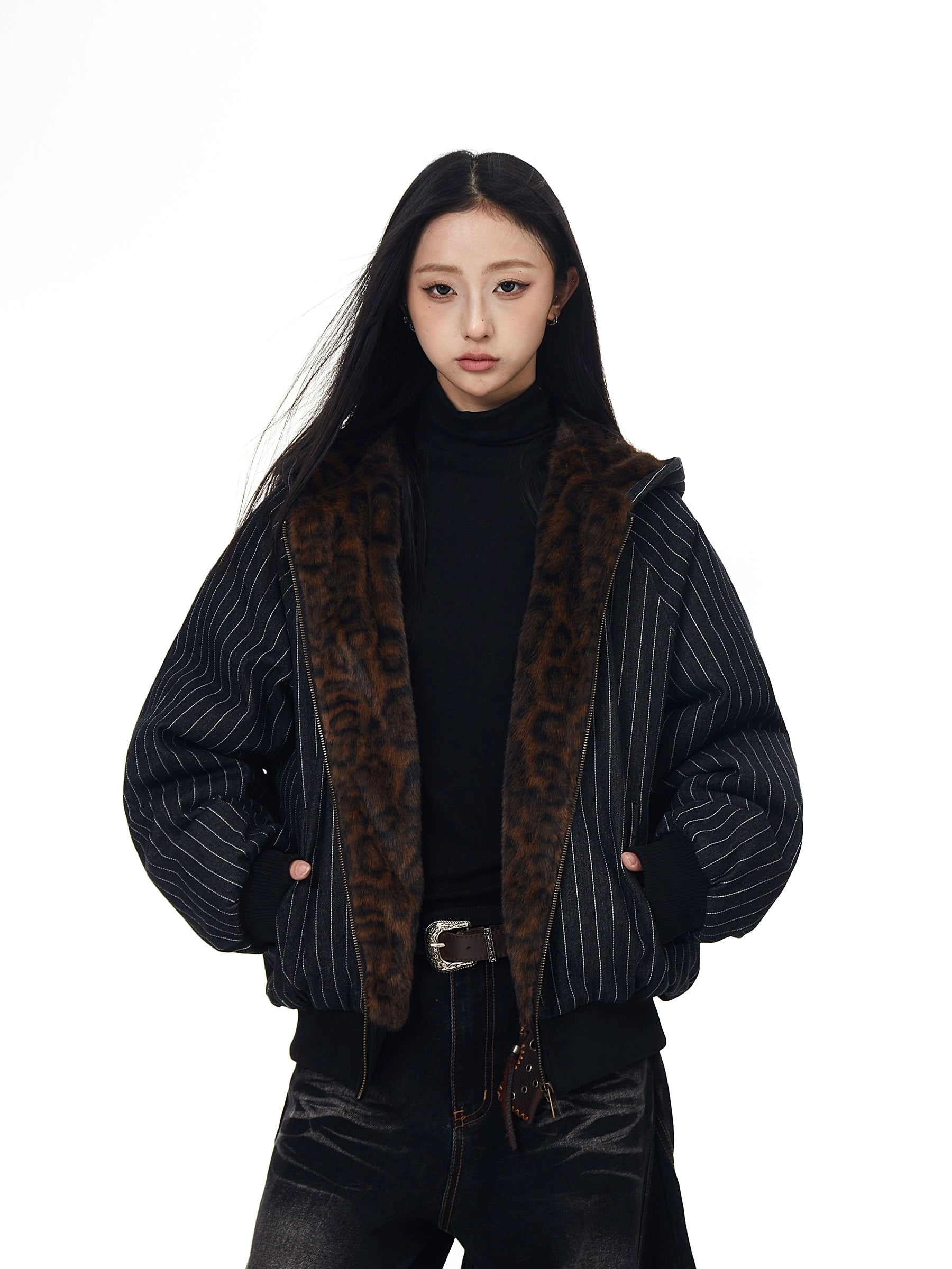 Leopard Plush Striped Spliced Hooded Puffer Coat