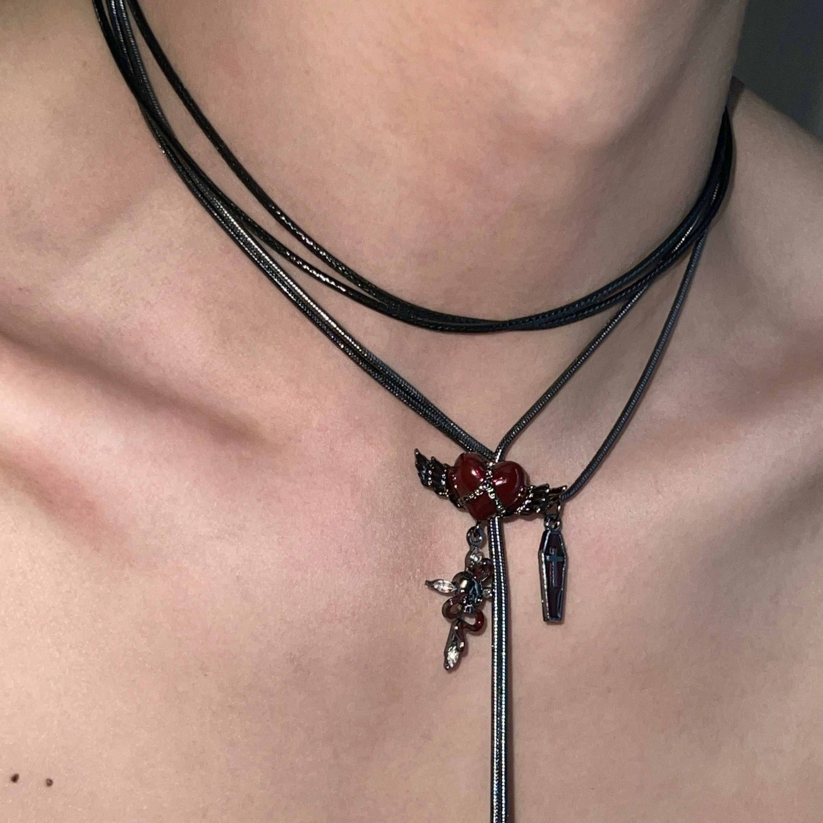Layered Gothic Cross Heart Necklace
