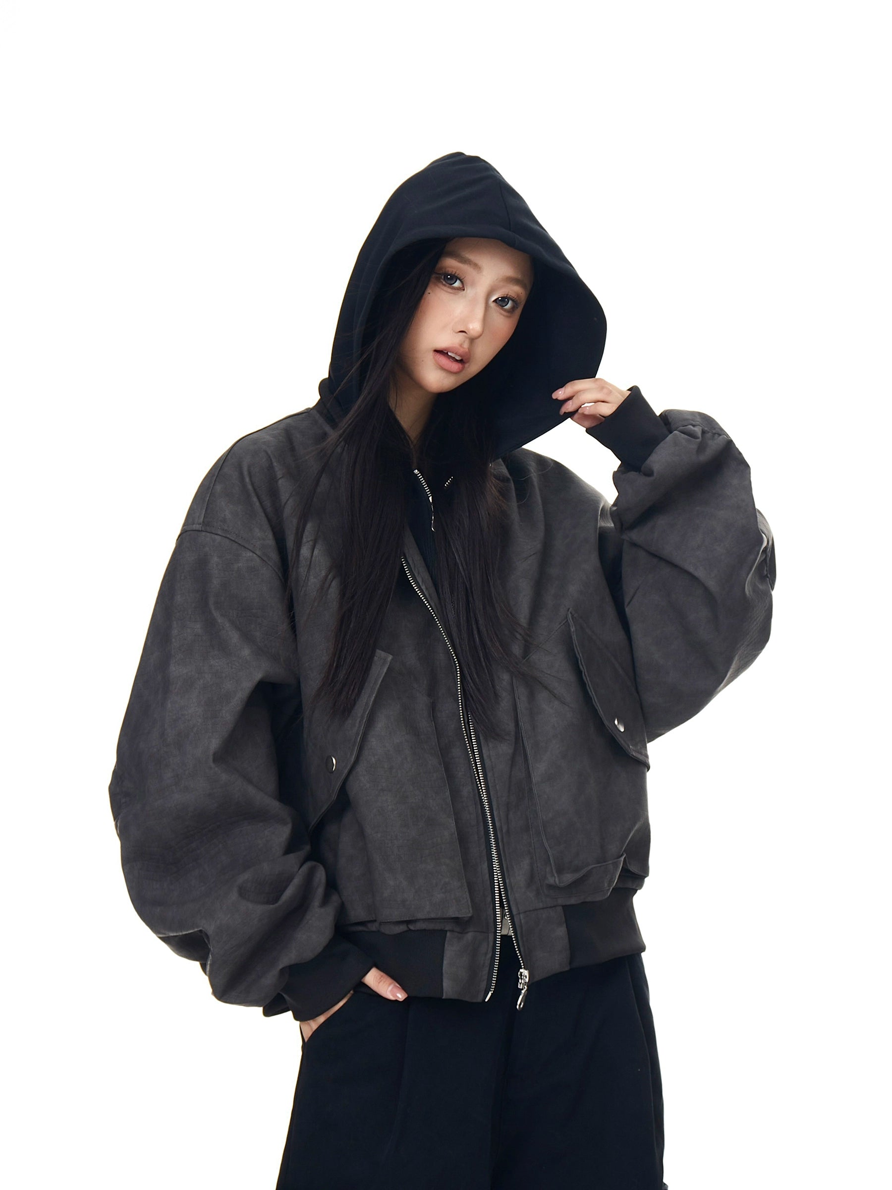 Multi-Pocket Layered Leather Bomber Jacket