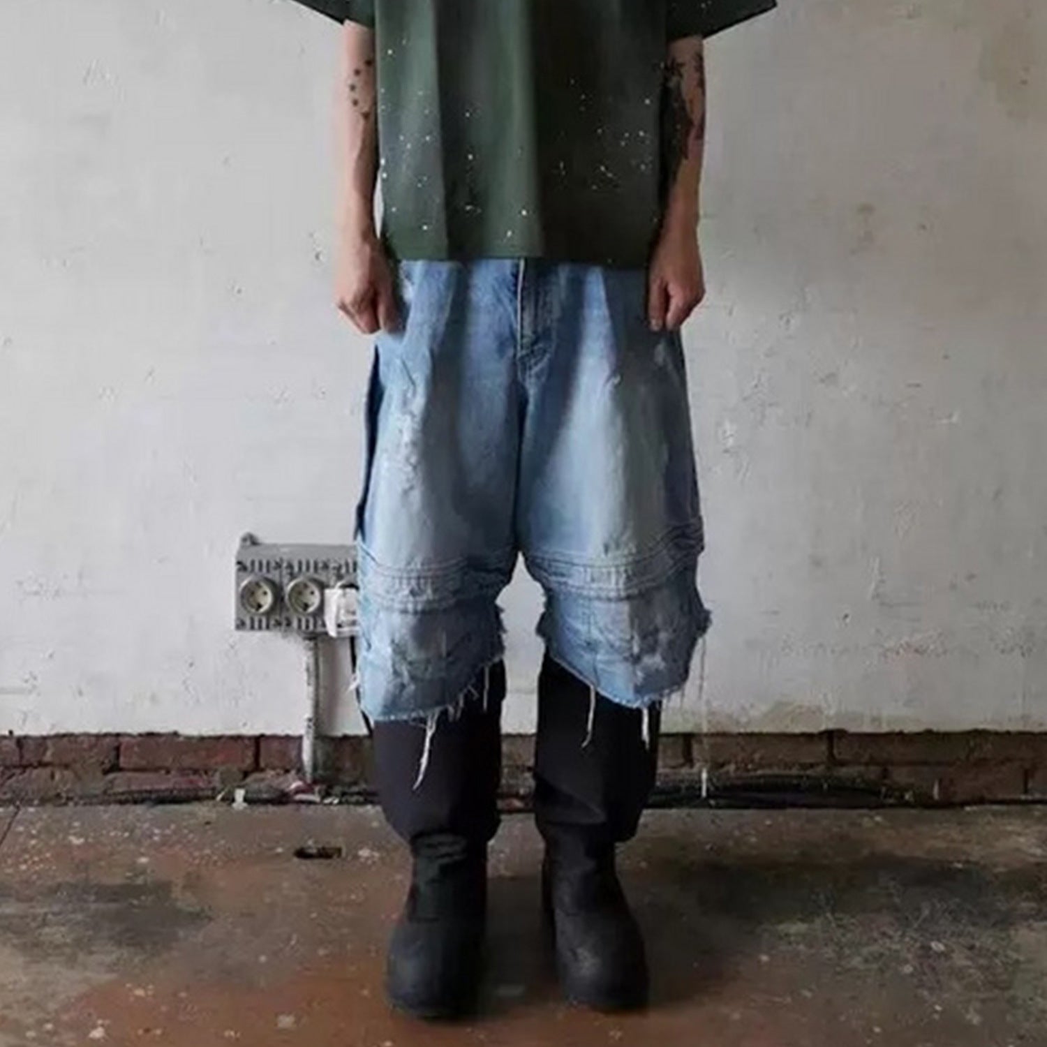 Whiskered Distressed Deconstructed Patchwork Cropped Pants