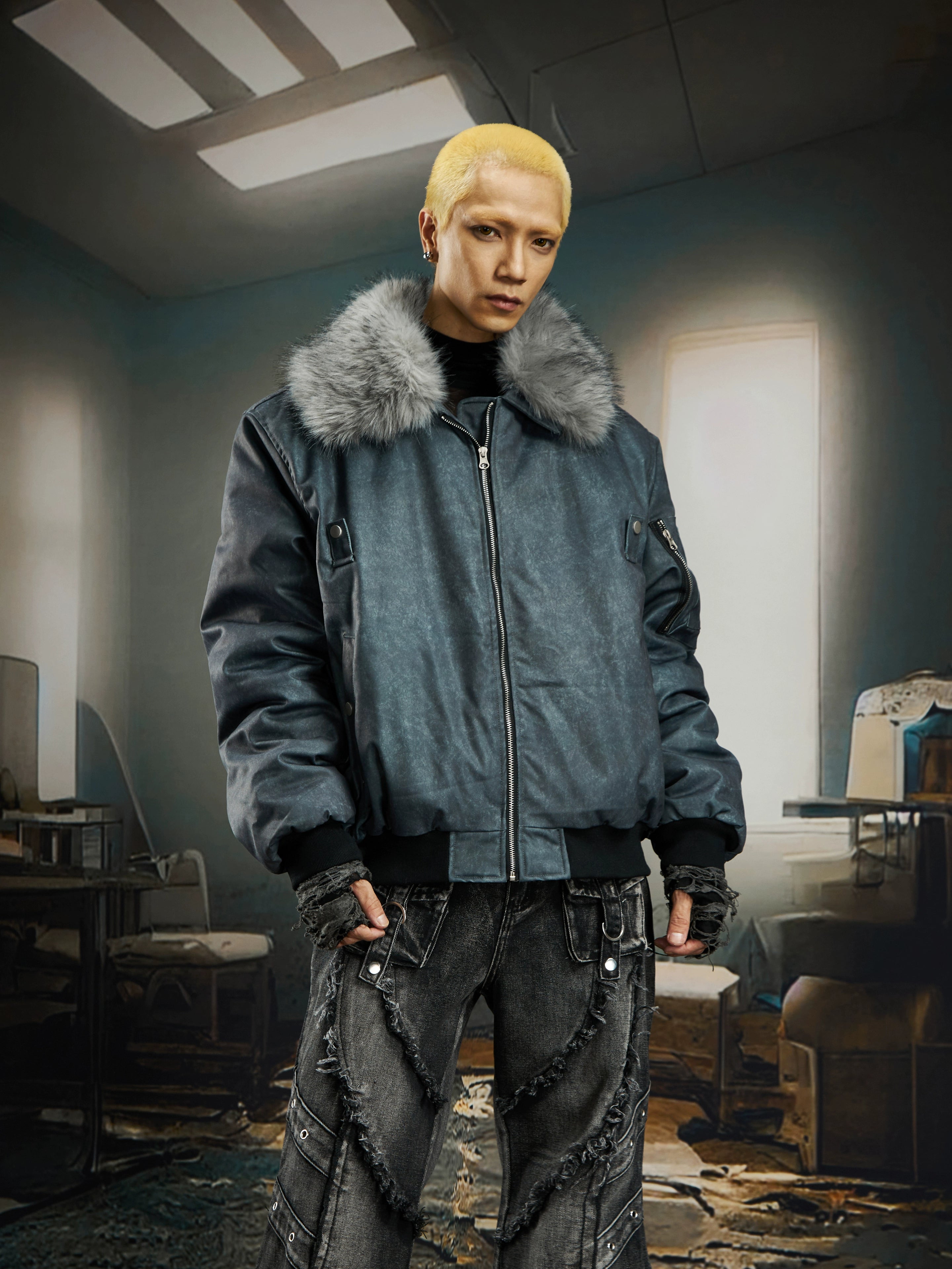 Dark Washed Fur-Collar Quilted Winter Jacket