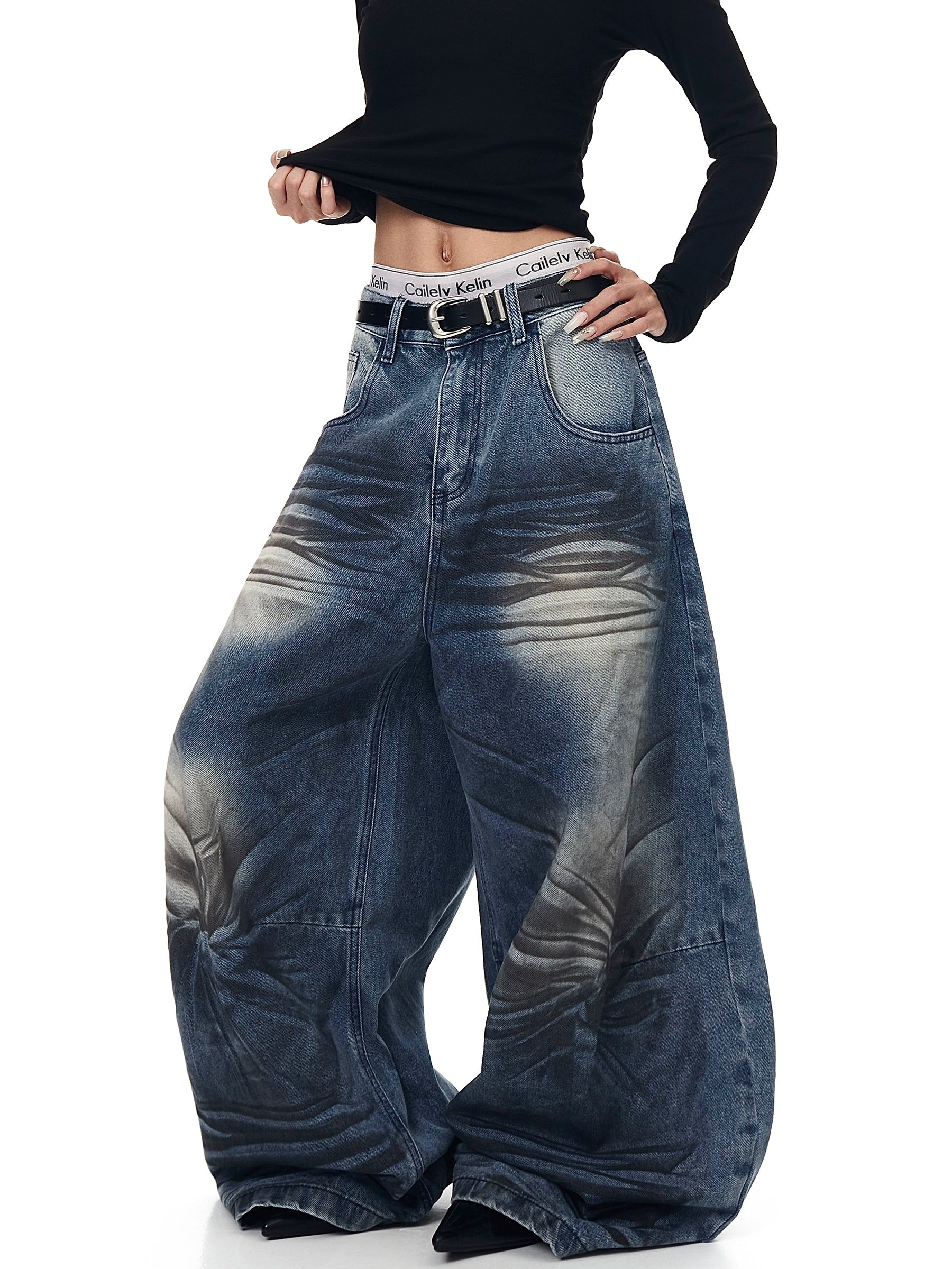 Washed Whisker Curved Denim Wide-Leg Jeans