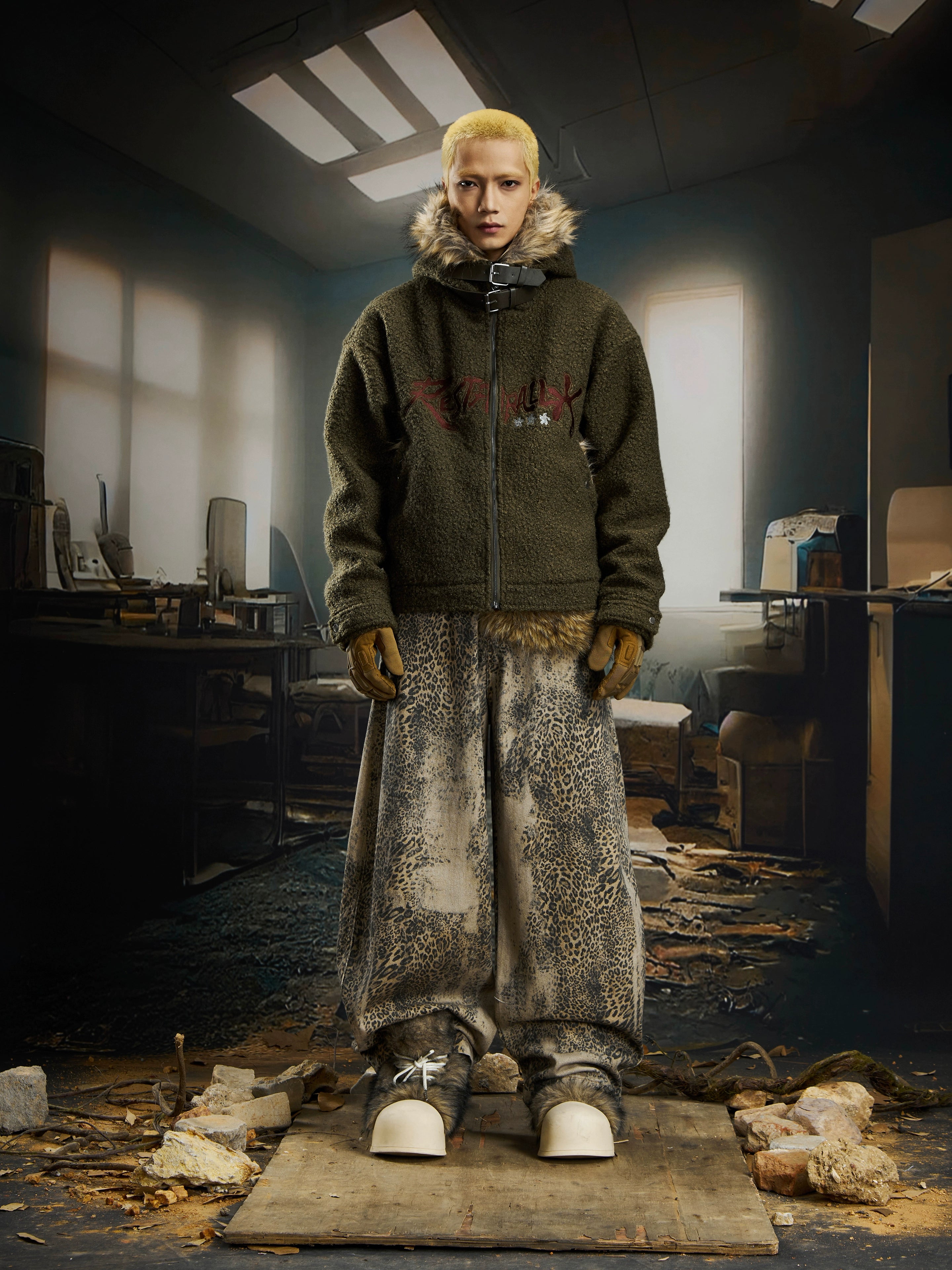 Embroidered Faux-Shearling Belted Hooded Puffer Coat