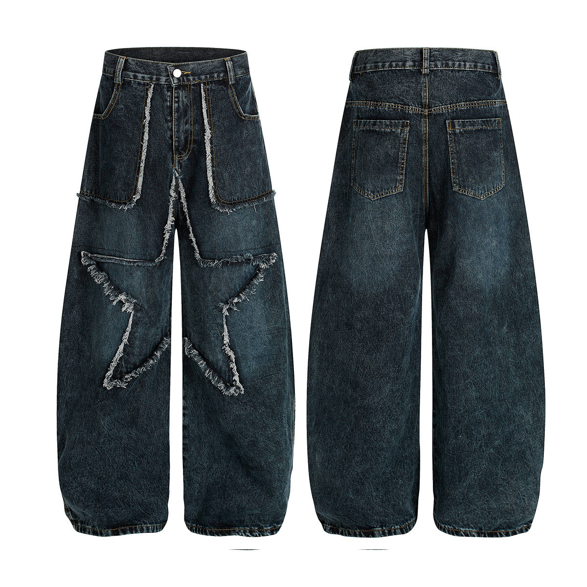 【25s Aug.】Vintage Star Embroidered Raw Hem Washed Jeans