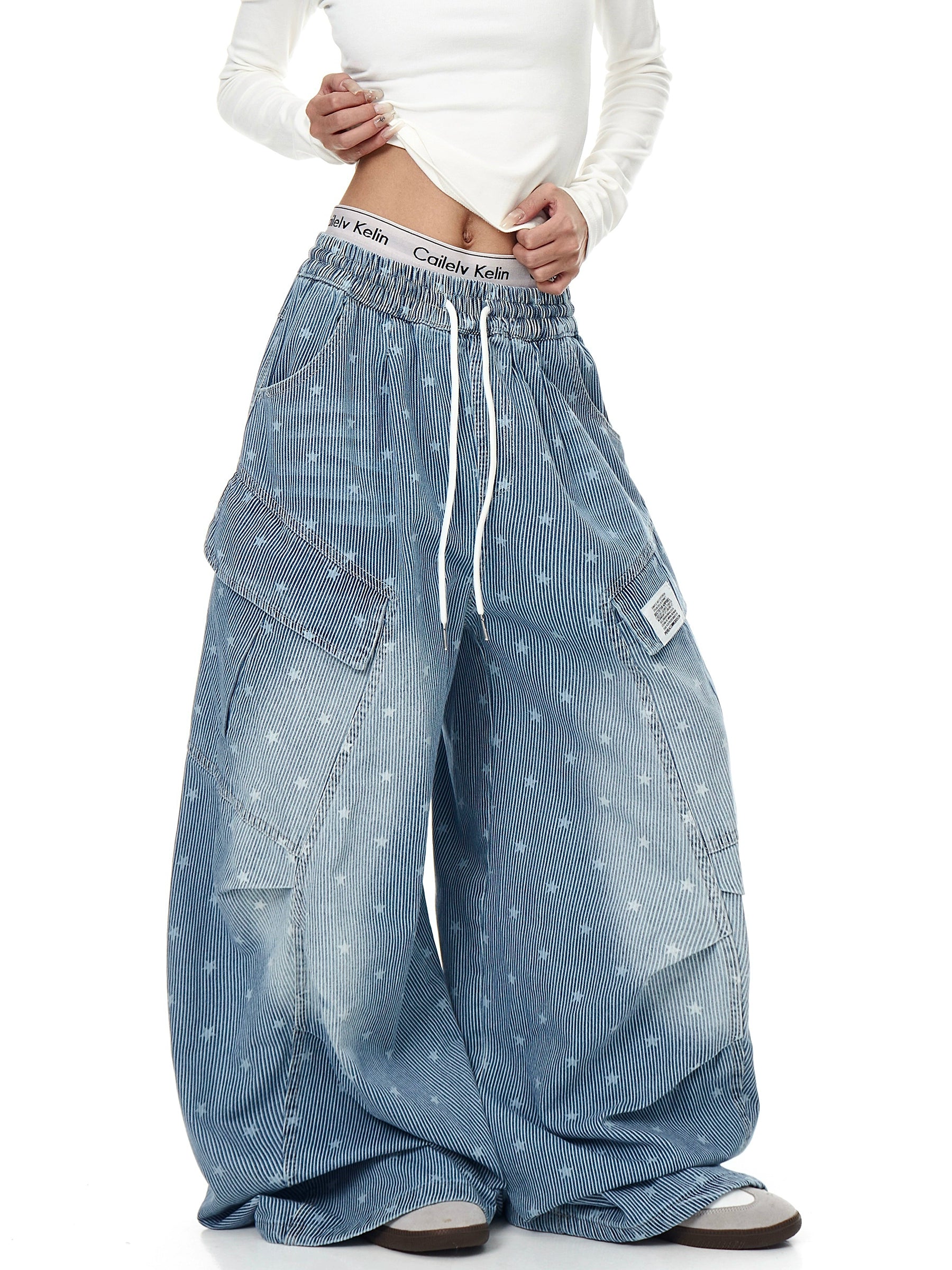 Vintage Star Print Striped Denim Pants