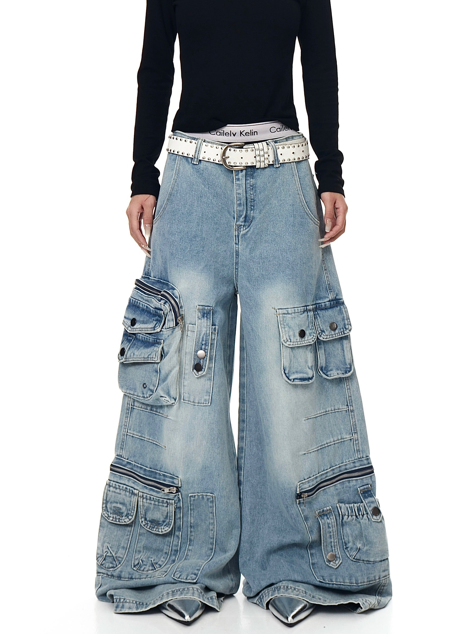 High Street Distressed Multi-Pocket Denim Cargo Pants