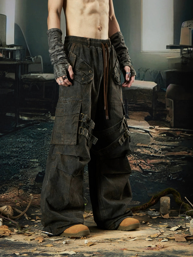 Washed Layered Pleated Multi-Pocket Utility Cargo Pants