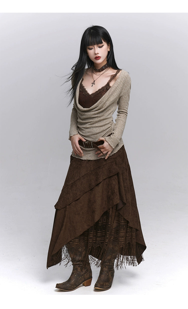 Brown Suede A-Line Maxi Skirt