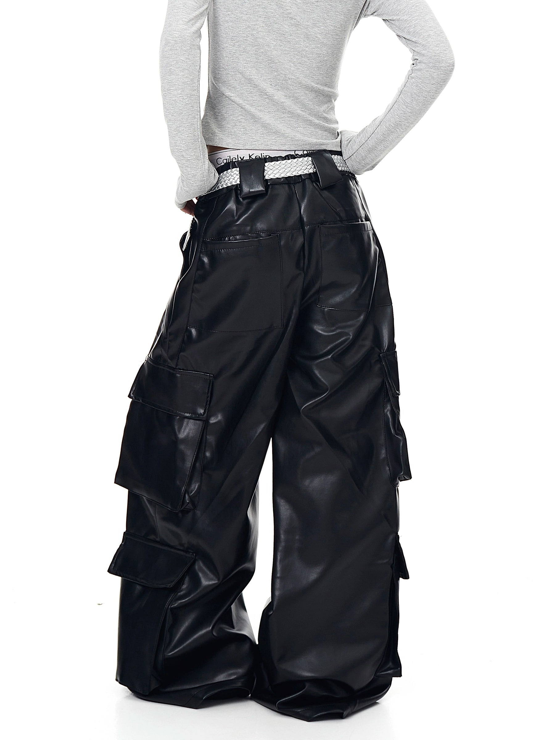 Tech-Utility Fleece-Lined Multi-Pocket Wide-Leg Leather Cargo Pants
