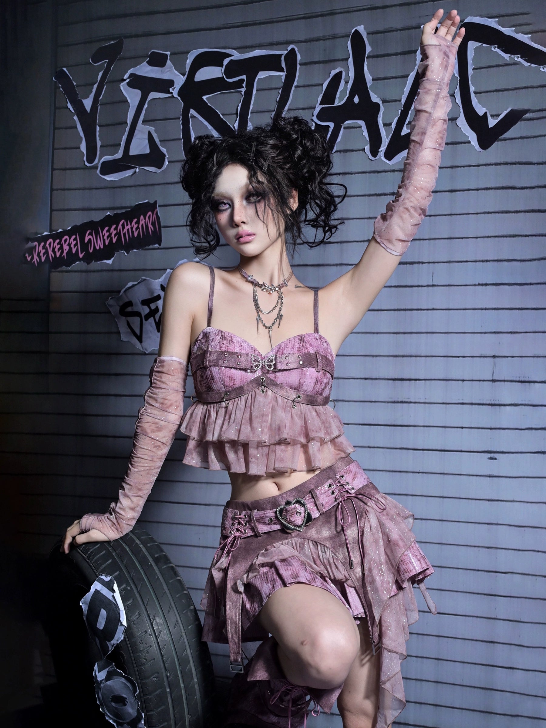 Sanhoostudio Convertible Strap Top crafted from 100% polyester features Y2K punk style with detachable straps and versatile design. Perfect for summer streetwear, casual layering, or festival outfits.