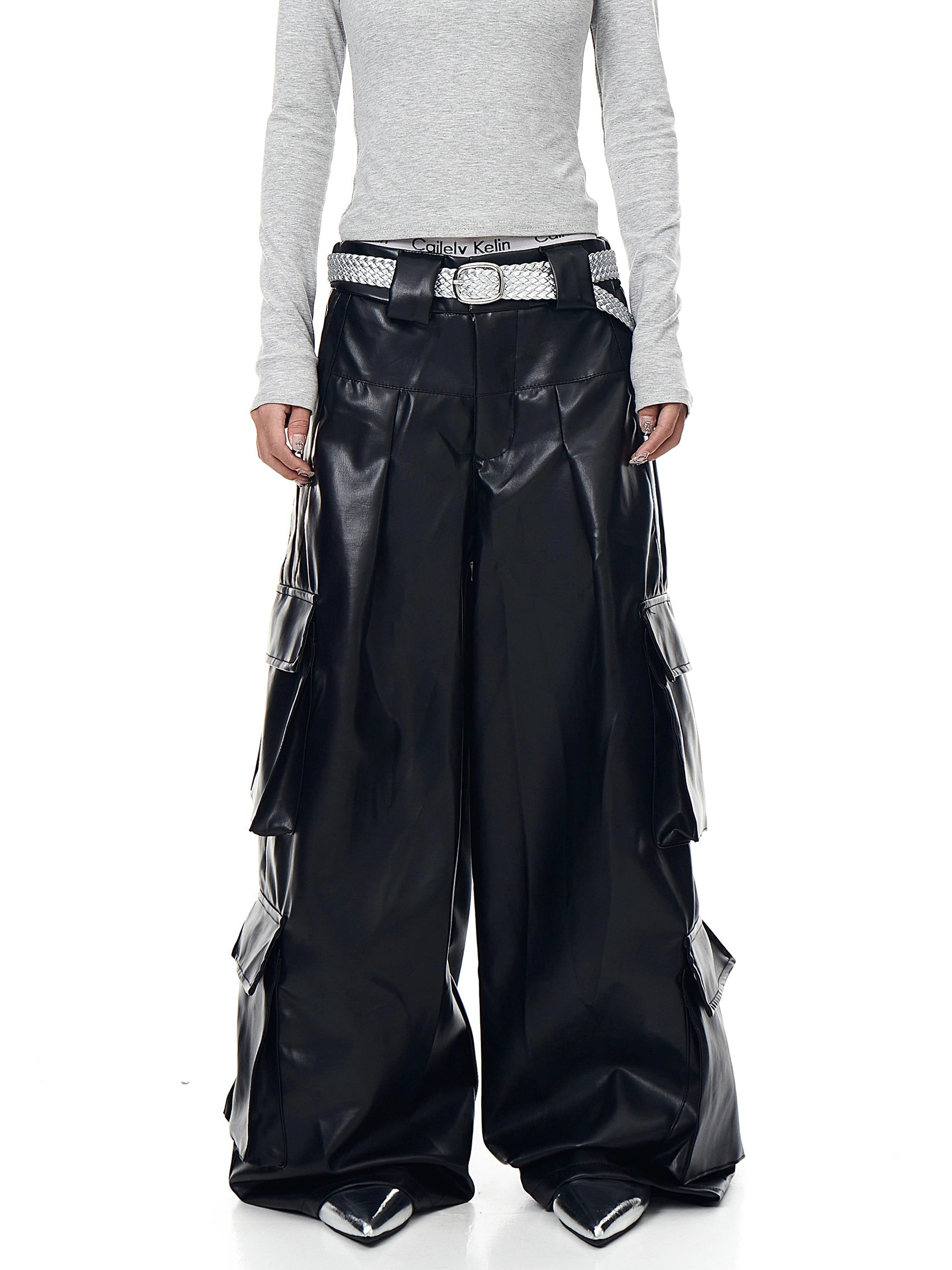 Tech-Utility Fleece-Lined Multi-Pocket Wide-Leg Leather Cargo Pants