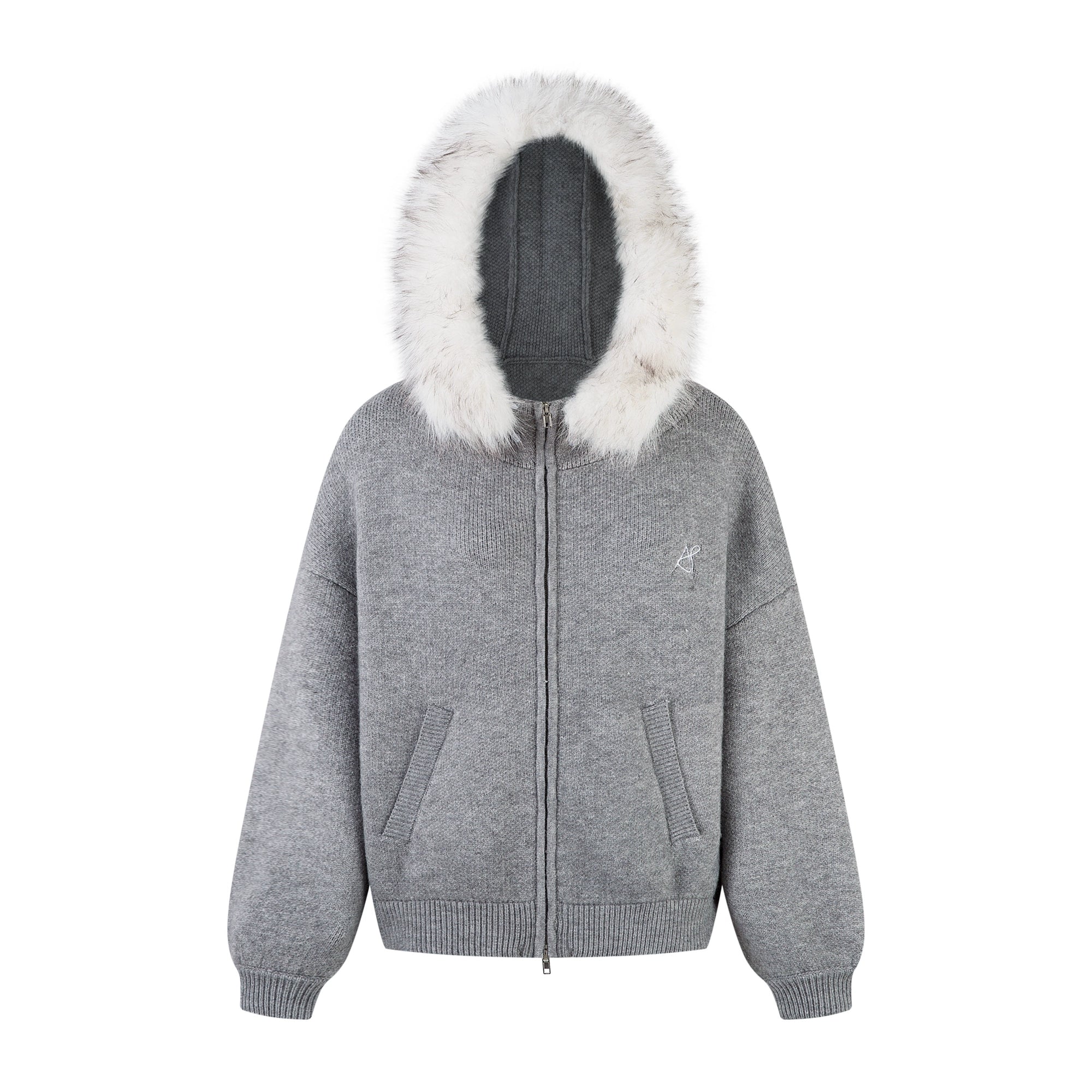 Heavy-Knit Fur Hood Relaxed Winter Cardigan