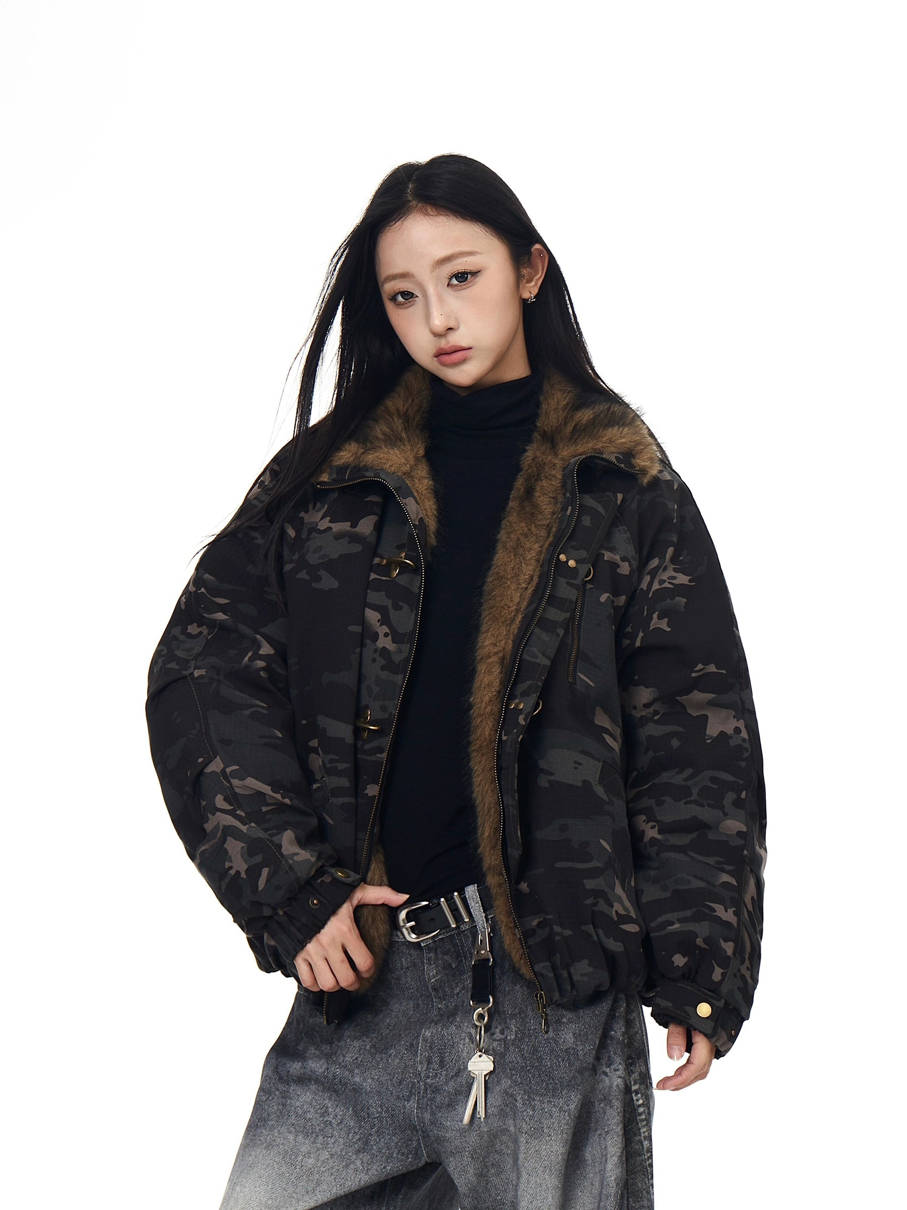 Camouflage Hawk Fur-Collar Buckle Puffer Jacket