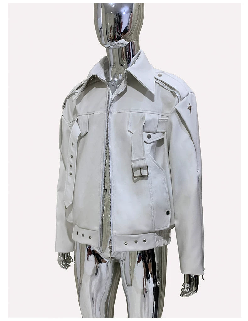 Sanhoostudio White Lapel PU Leather Moto Jacket