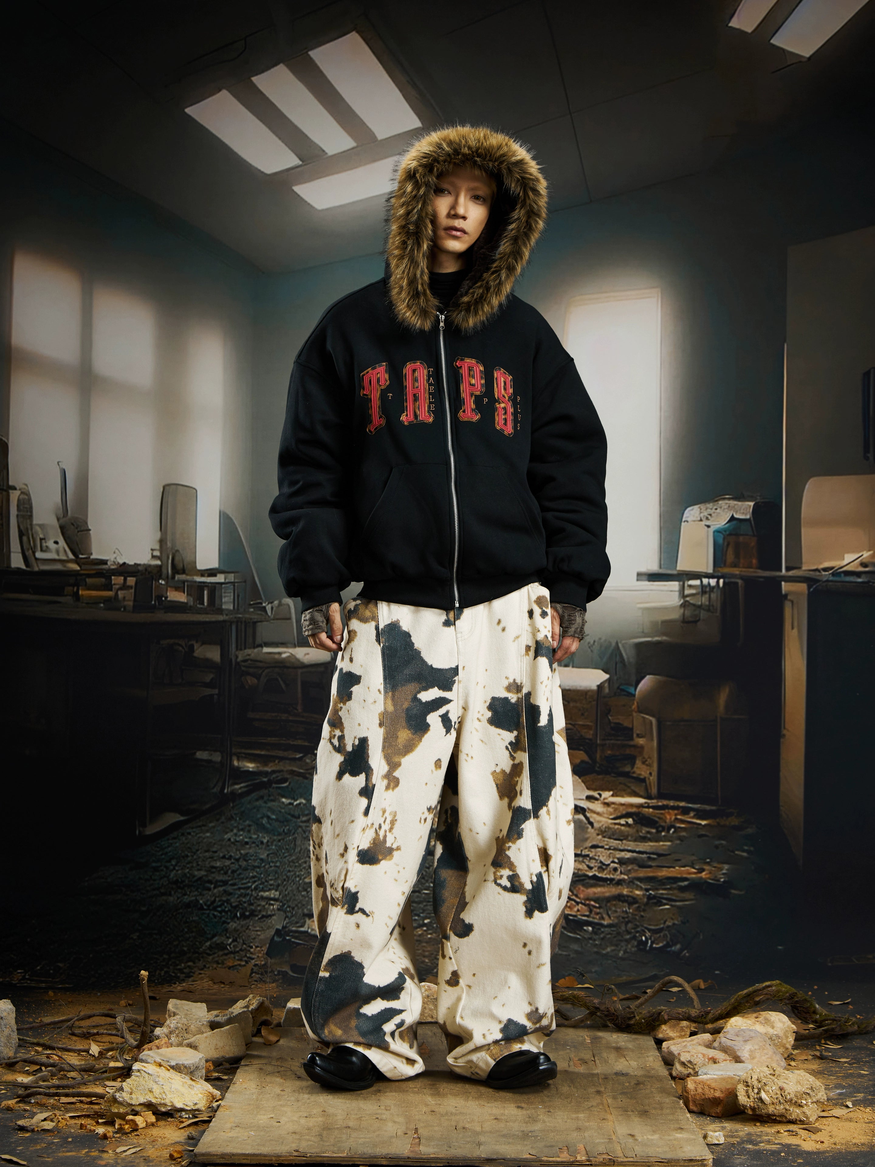 A bold leopard patchwork hooded puffer jacket with color-block faux-fur details. Designed by Sanhoostudio for standout winter street layering and heavy warm comfort.