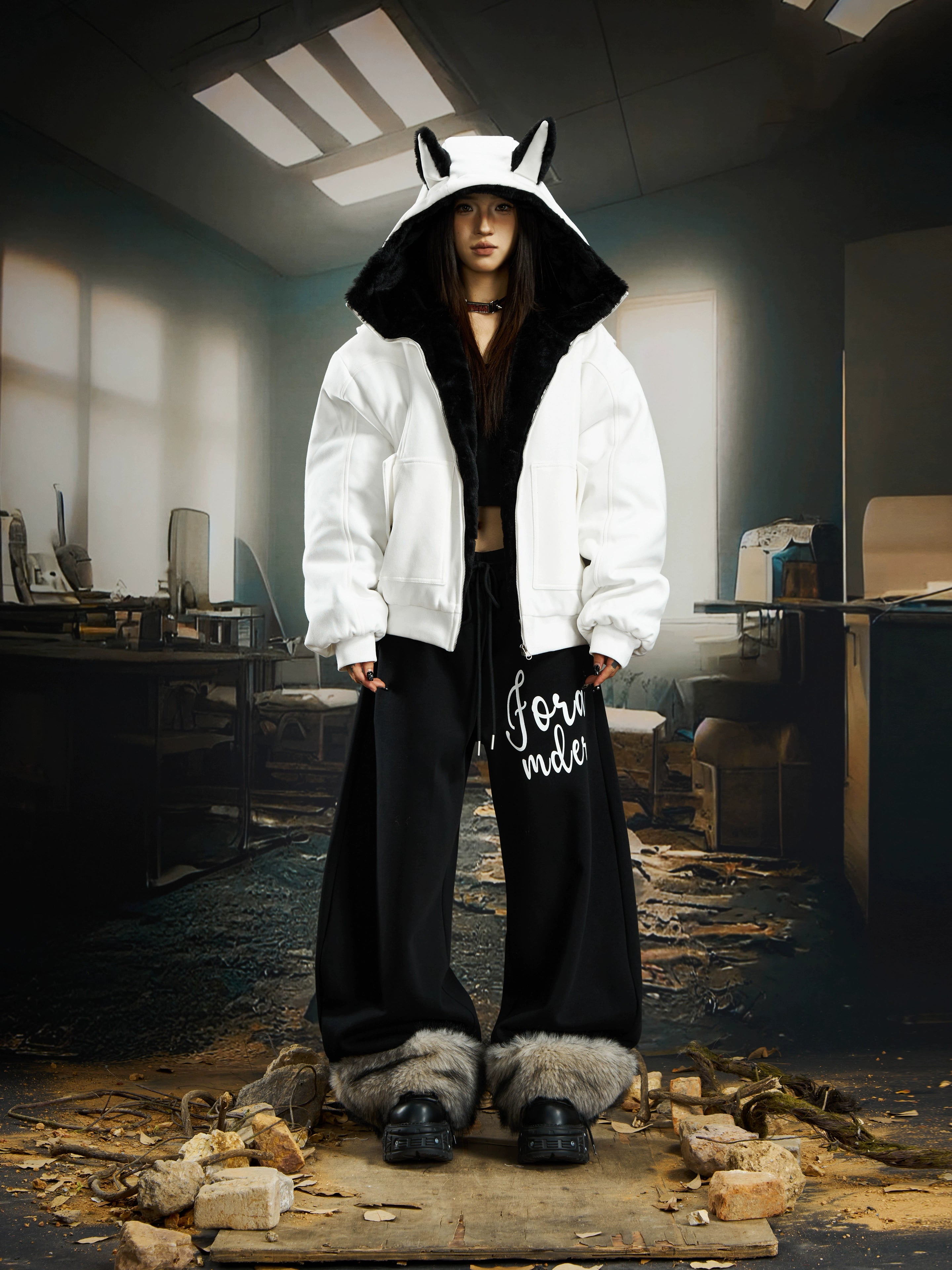 Vintage Bunny-Ear Hooded Sweatshirt Puffer Jacket