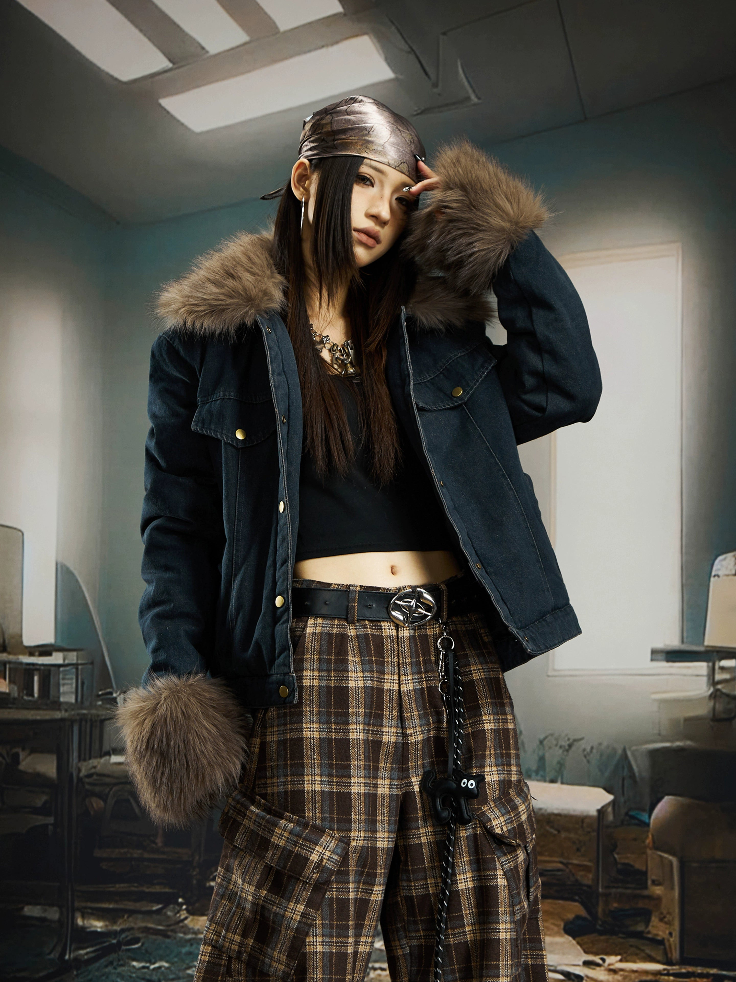 Short Denim Puffer Jacket with Fur Collar
