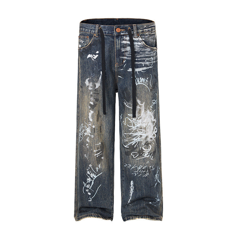 Graffiti Print Straight Wide Leg Jeans