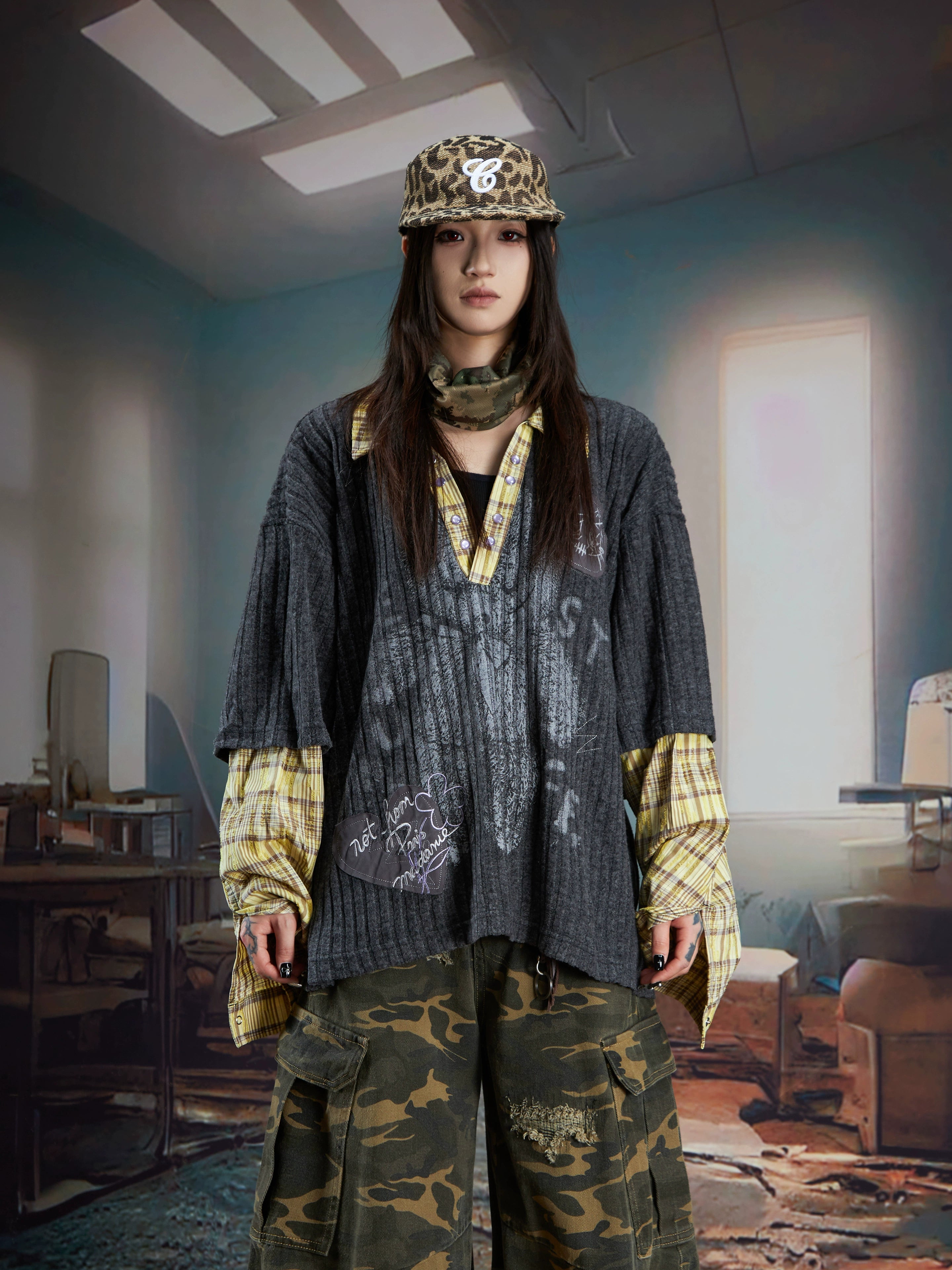 Layered V-Neck Long Sleeve Shirt-Collar Loose Fit Sweatshirt