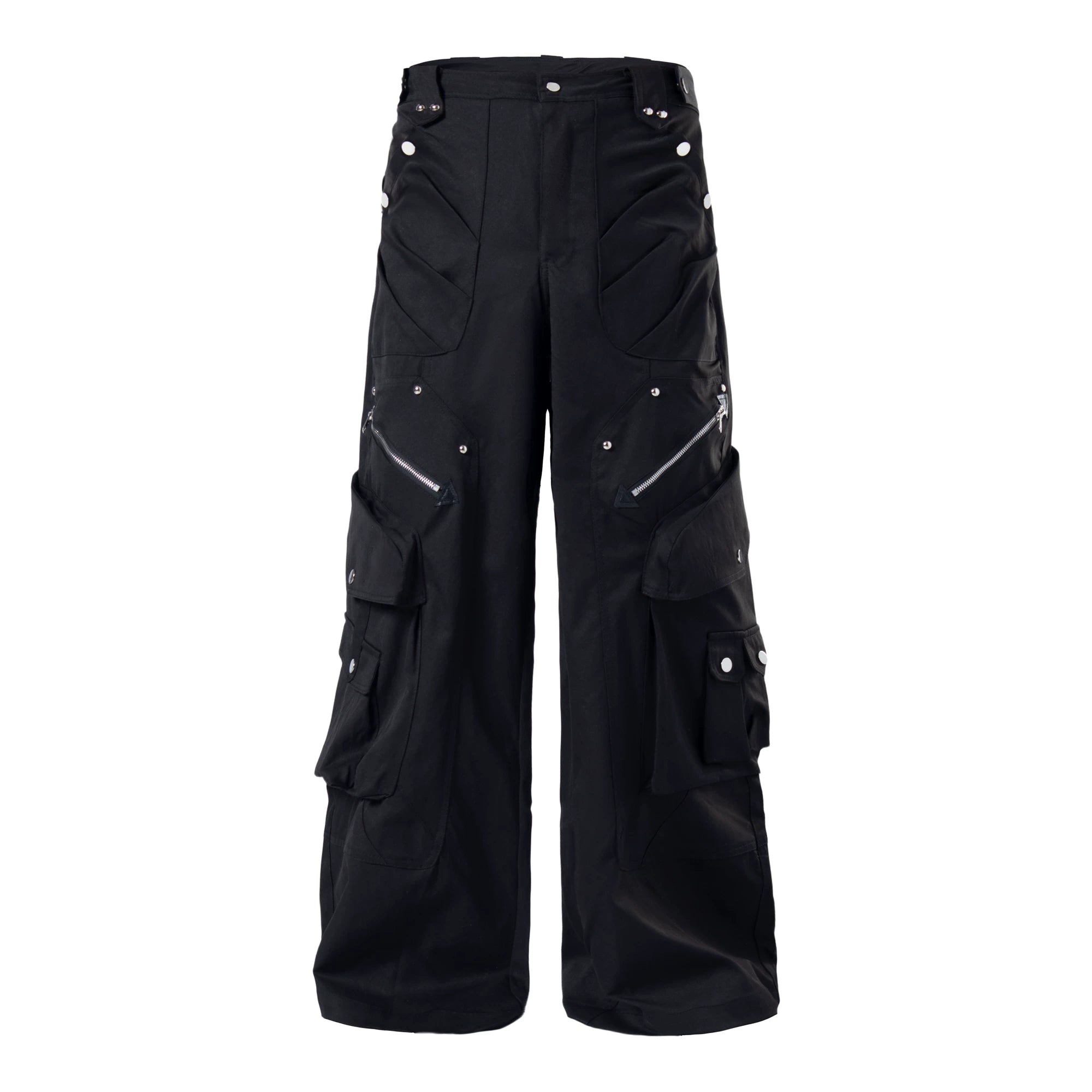 Sanhoostudio cargo pants featuring heavy utility construction, stud details, and multi-pocket design. Built with a wide leg silhouette for bold streetwear outfits.