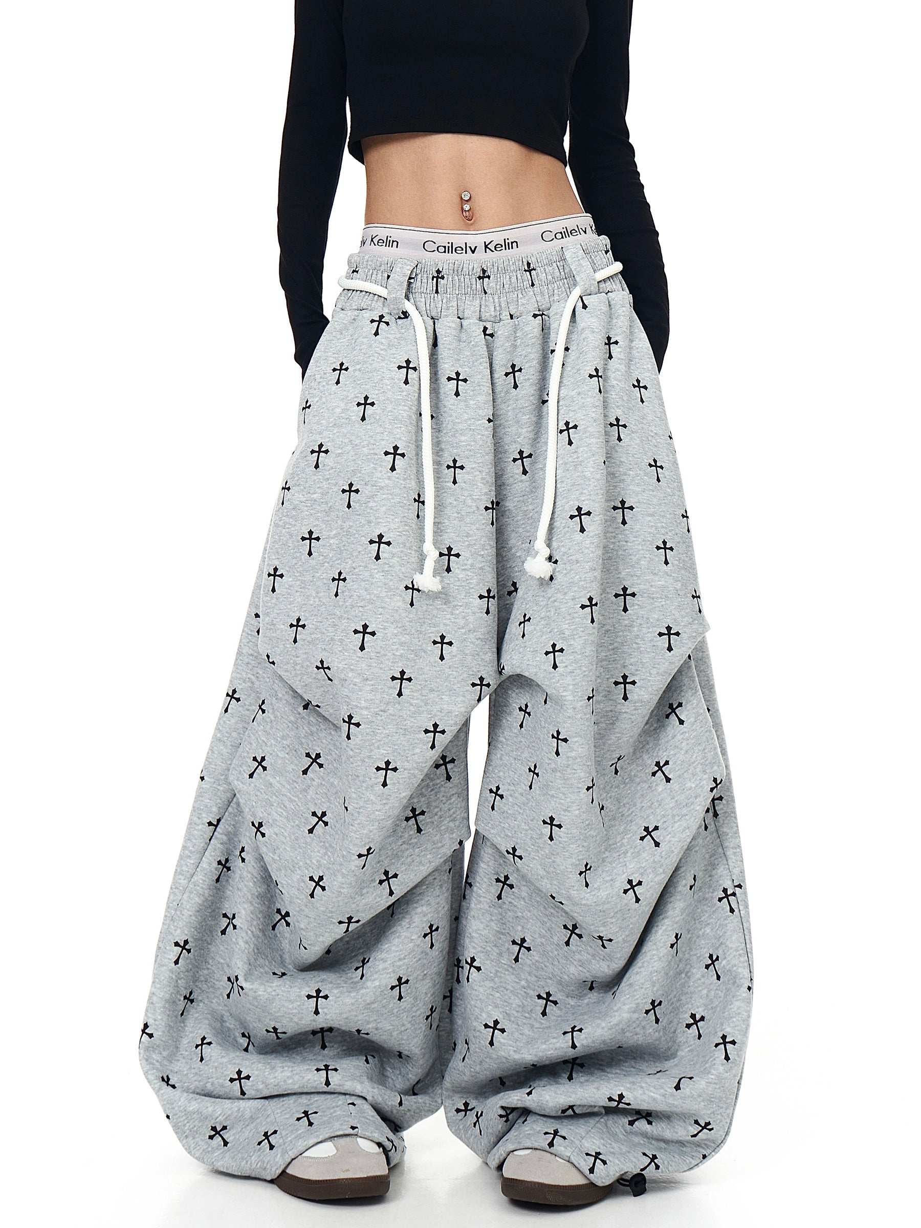 Gothic Cross Print Pleated Street Sweatpants