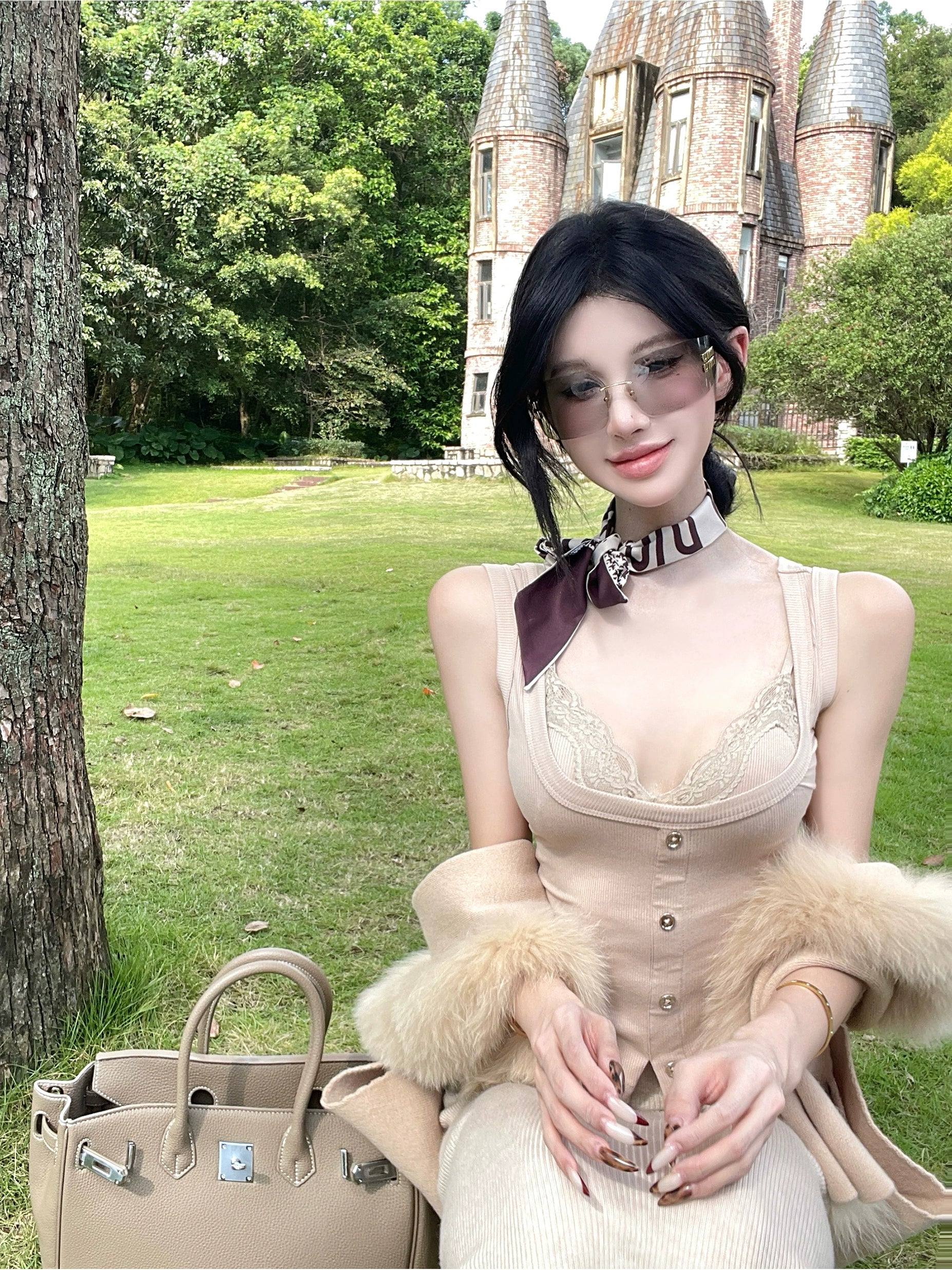 Lace Patchwork Crop Skirt Set