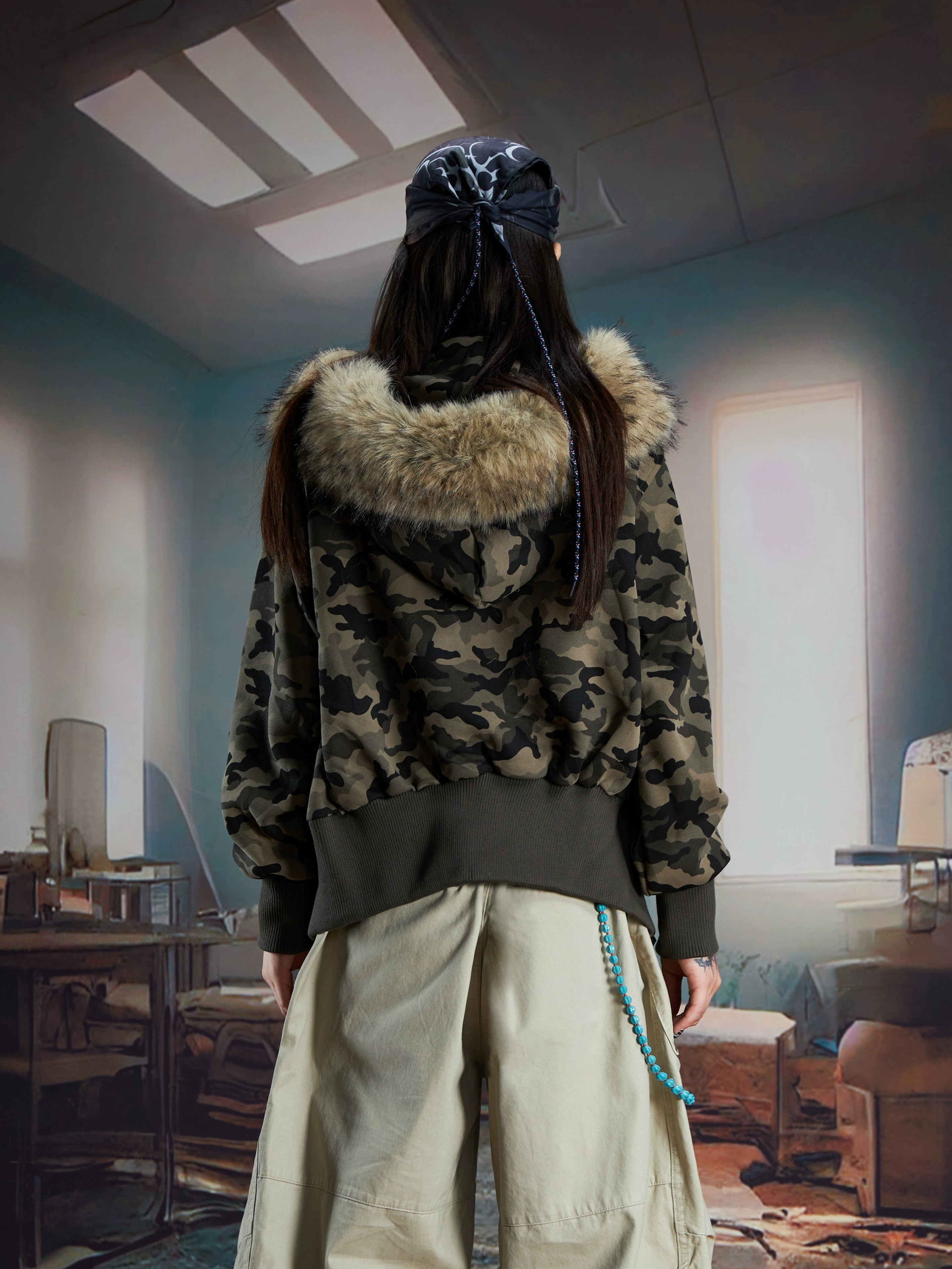 Furry Hooded Camo Short Jacket with Ribbed Hem