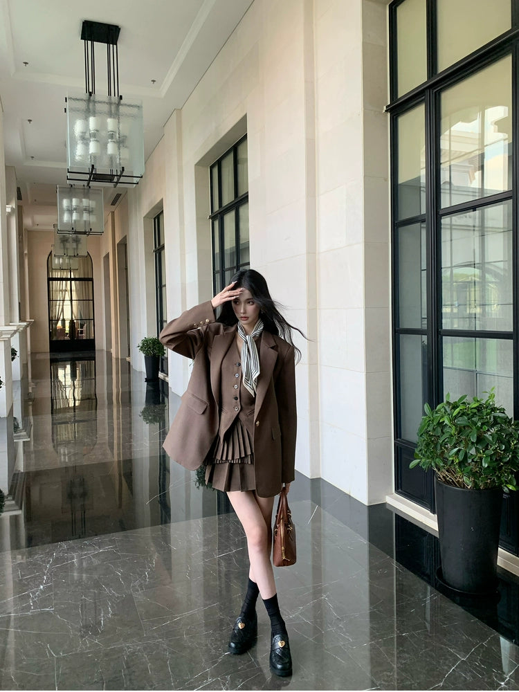 Preppy Blazer Vest Skirt Set