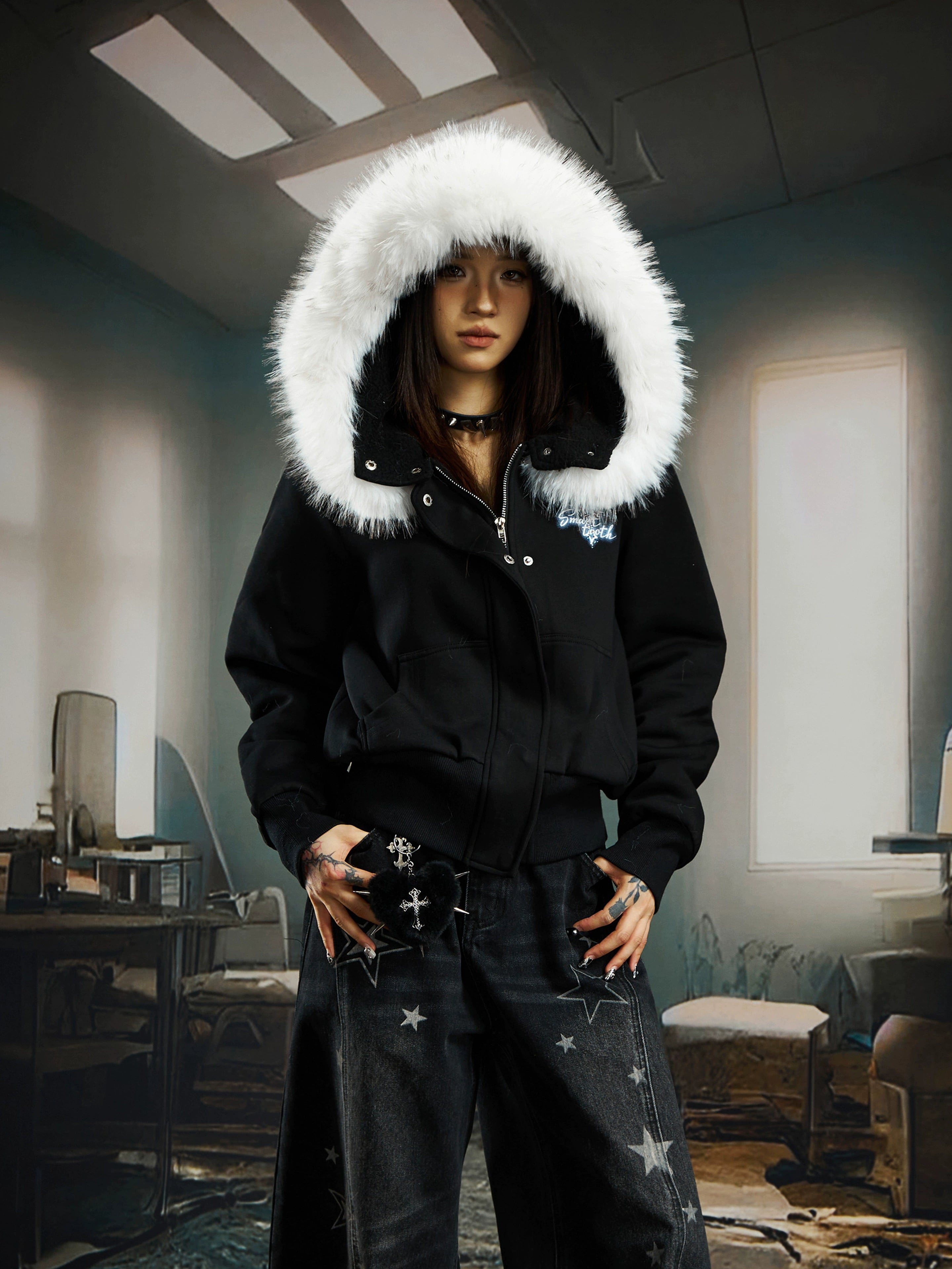 Fuzzy Fleece Short Hooded Hoodie with Plush Lining