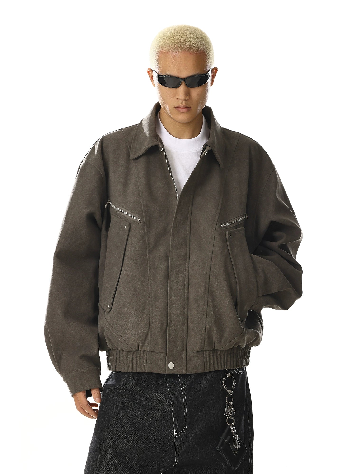 Vintage Leather Utility Jacket with Multi-Pocket Streetwear Style