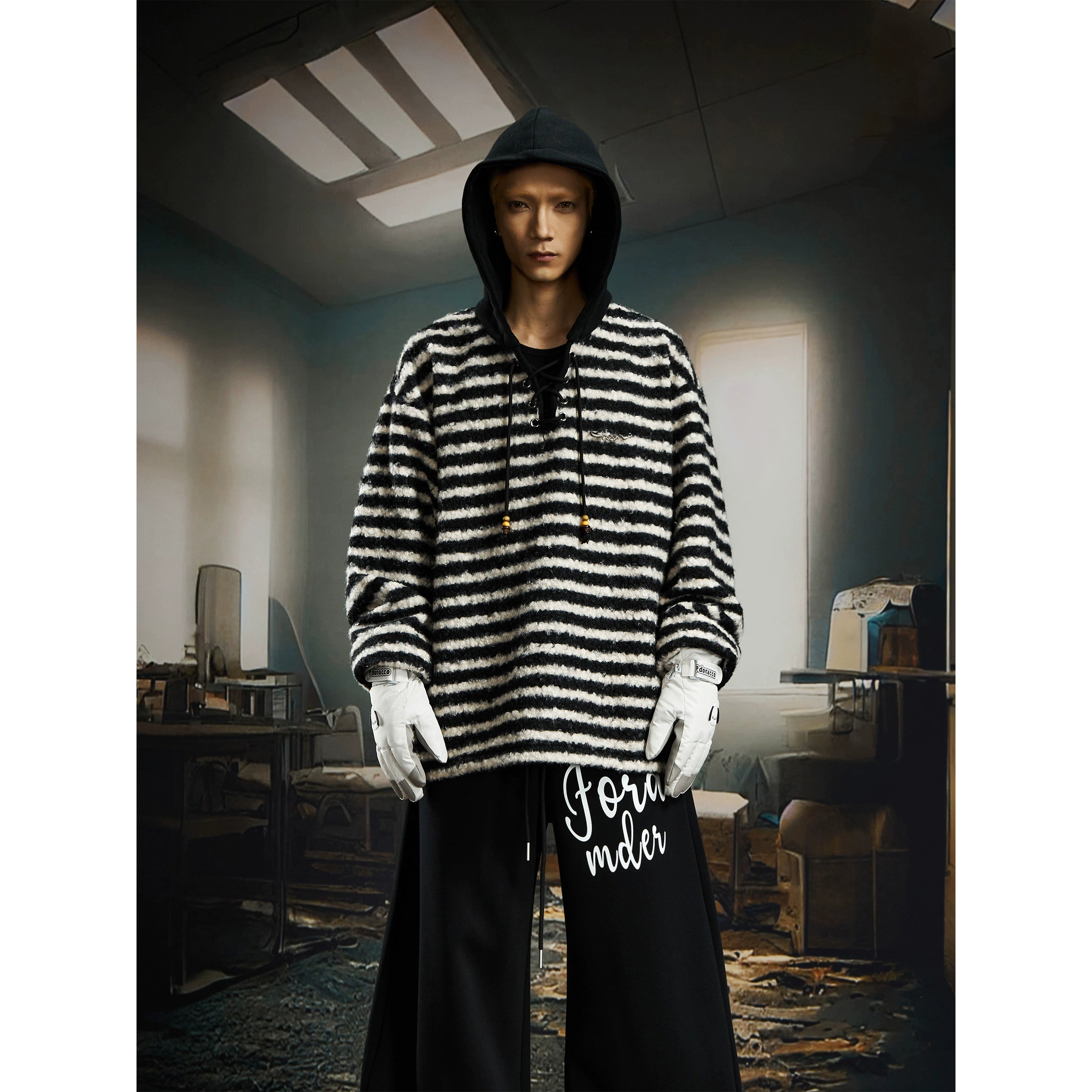 Striped Fleece Drawstring Hoodie with Cashmere Touch
