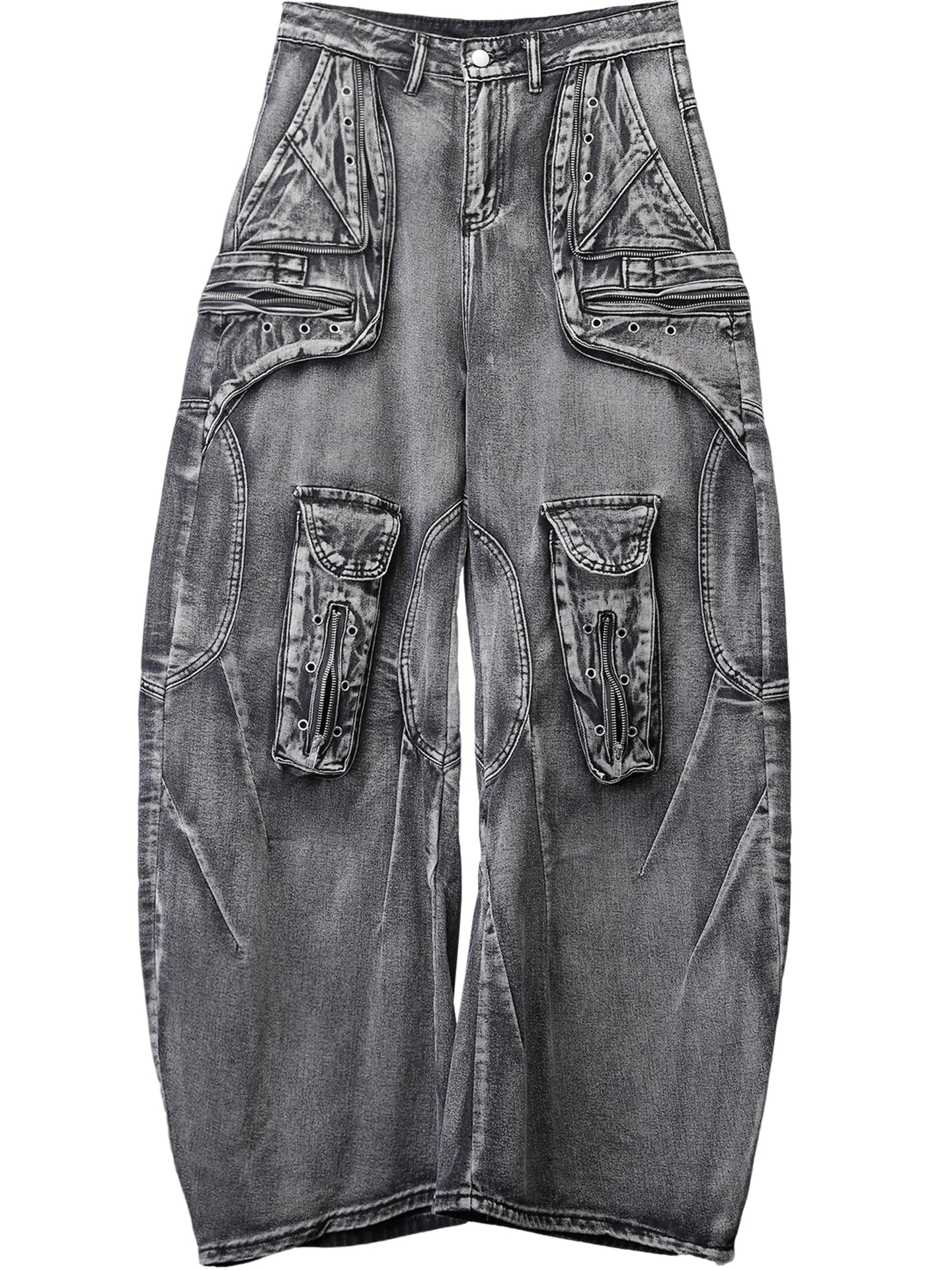 Sanhoostudio denim cargo pants featuring deconstructed design, multi-pocket construction, and scythe-cut wide leg silhouette. Built for functional streetwear styling with durability, comfort, and a strong urban utility look.