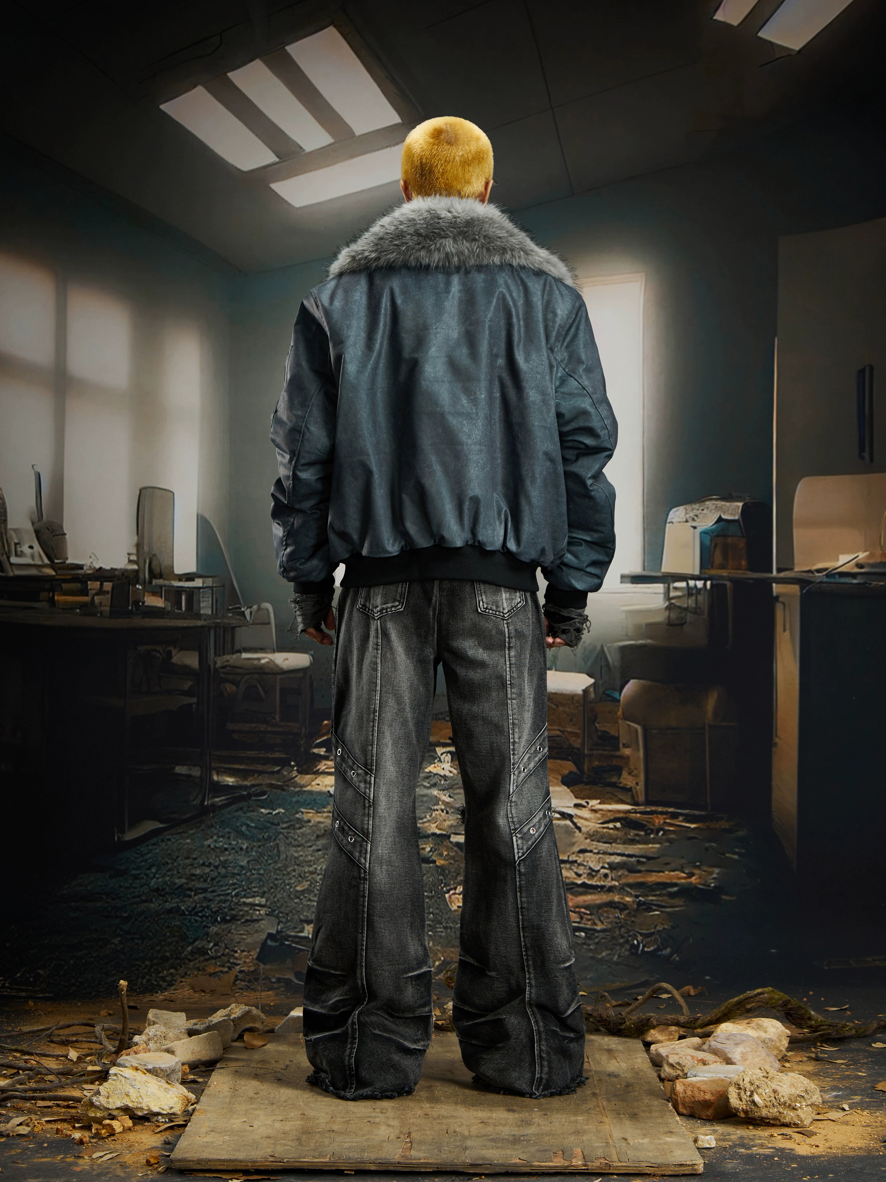 Dark Washed Fur-Collar Quilted Winter Jacket