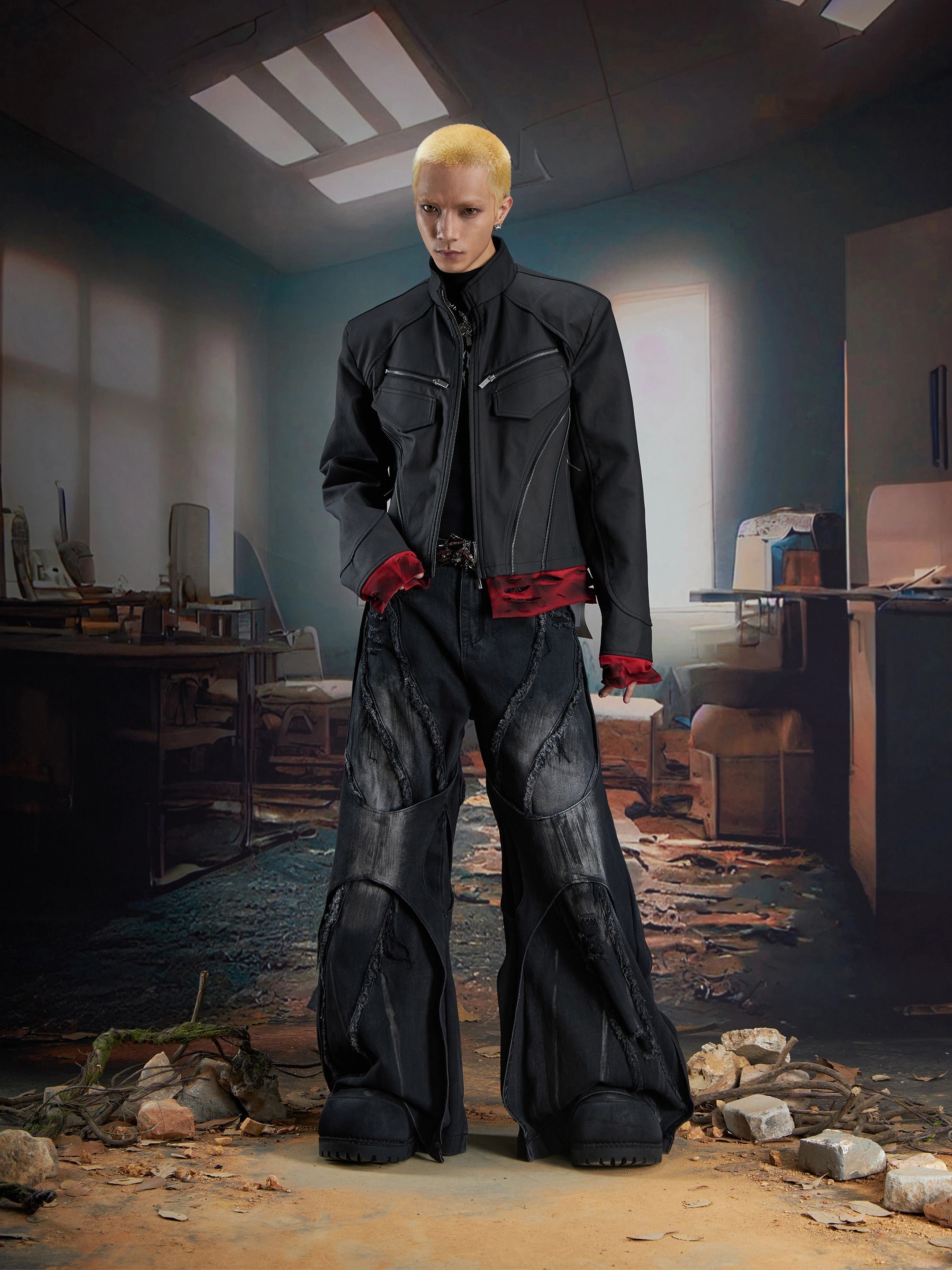 Dark Niche Deconstructed Layered Zipper Short Leather Jacket Unisex