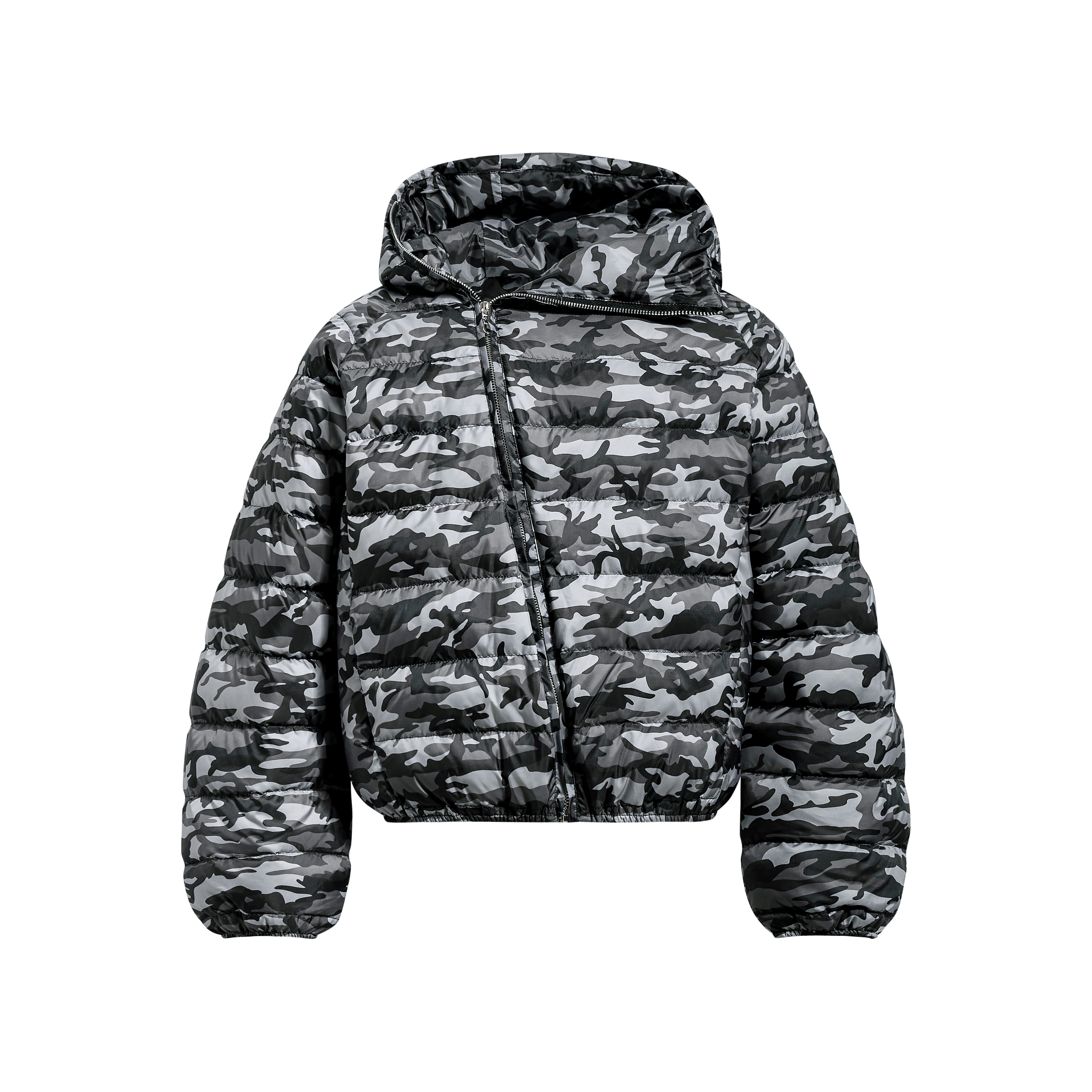 Asymmetric Zip Hooded Camo Down Jacket