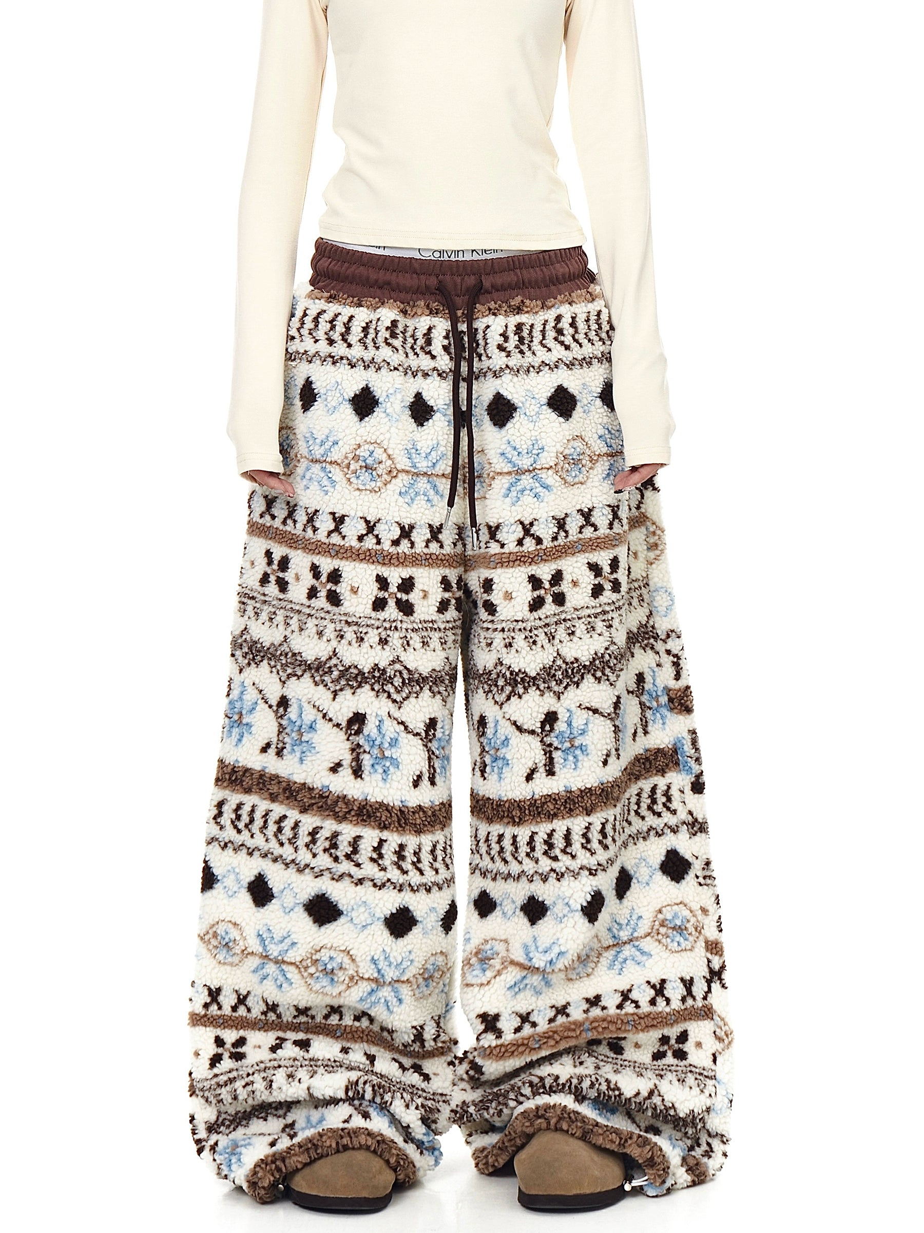 Fair Isle Sherpa-Lined Cozy Winter Wide Pants