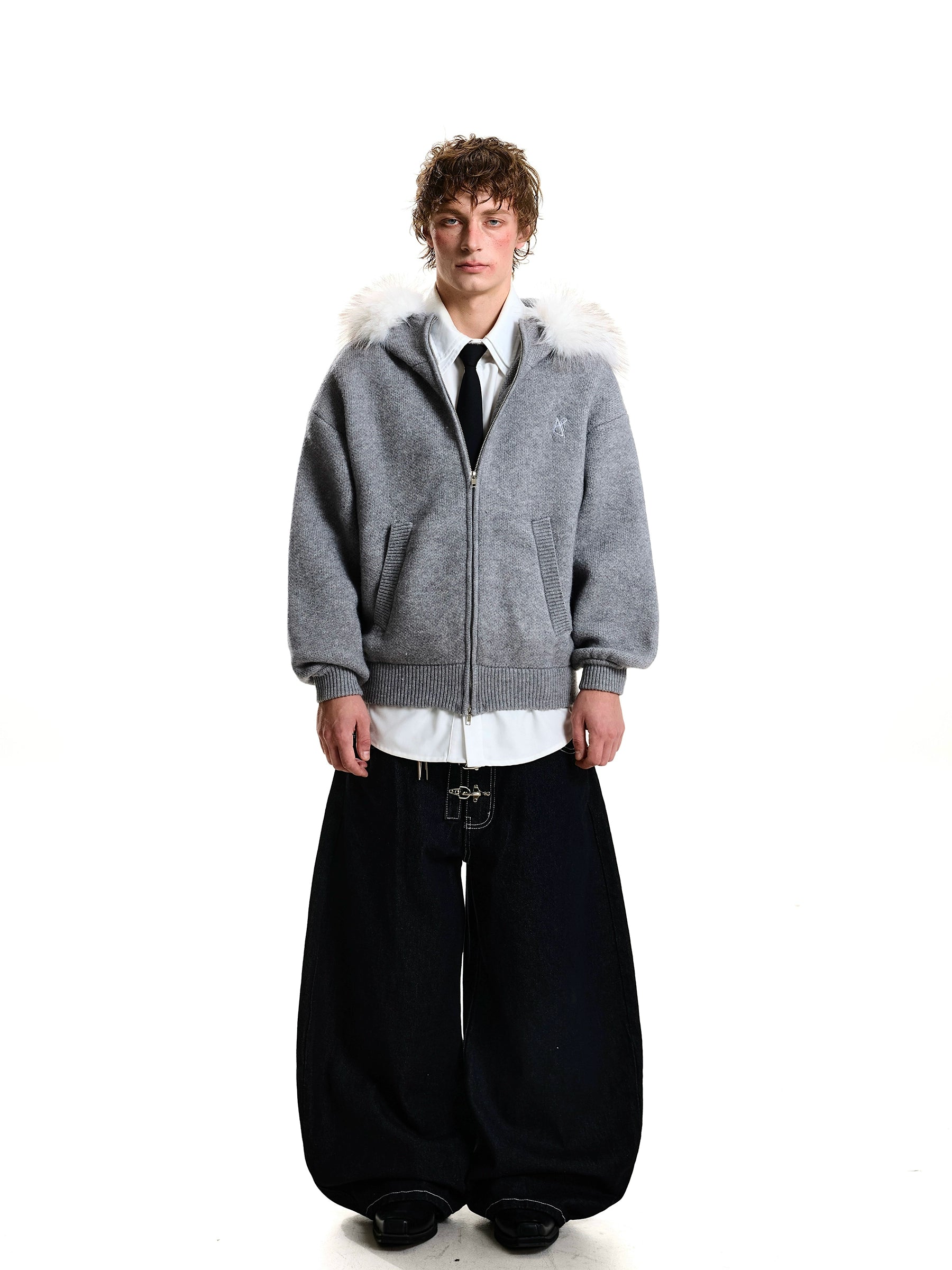 Heavy-Knit Fur Hood Relaxed Winter Cardigan