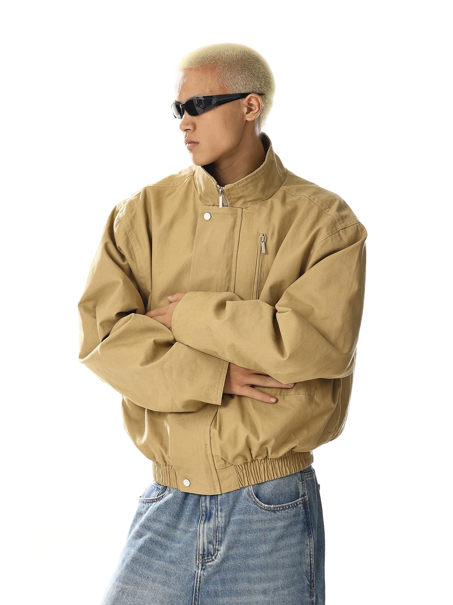 Vintage Stand Collar Flight Jacket with Cleanfit Utility Design