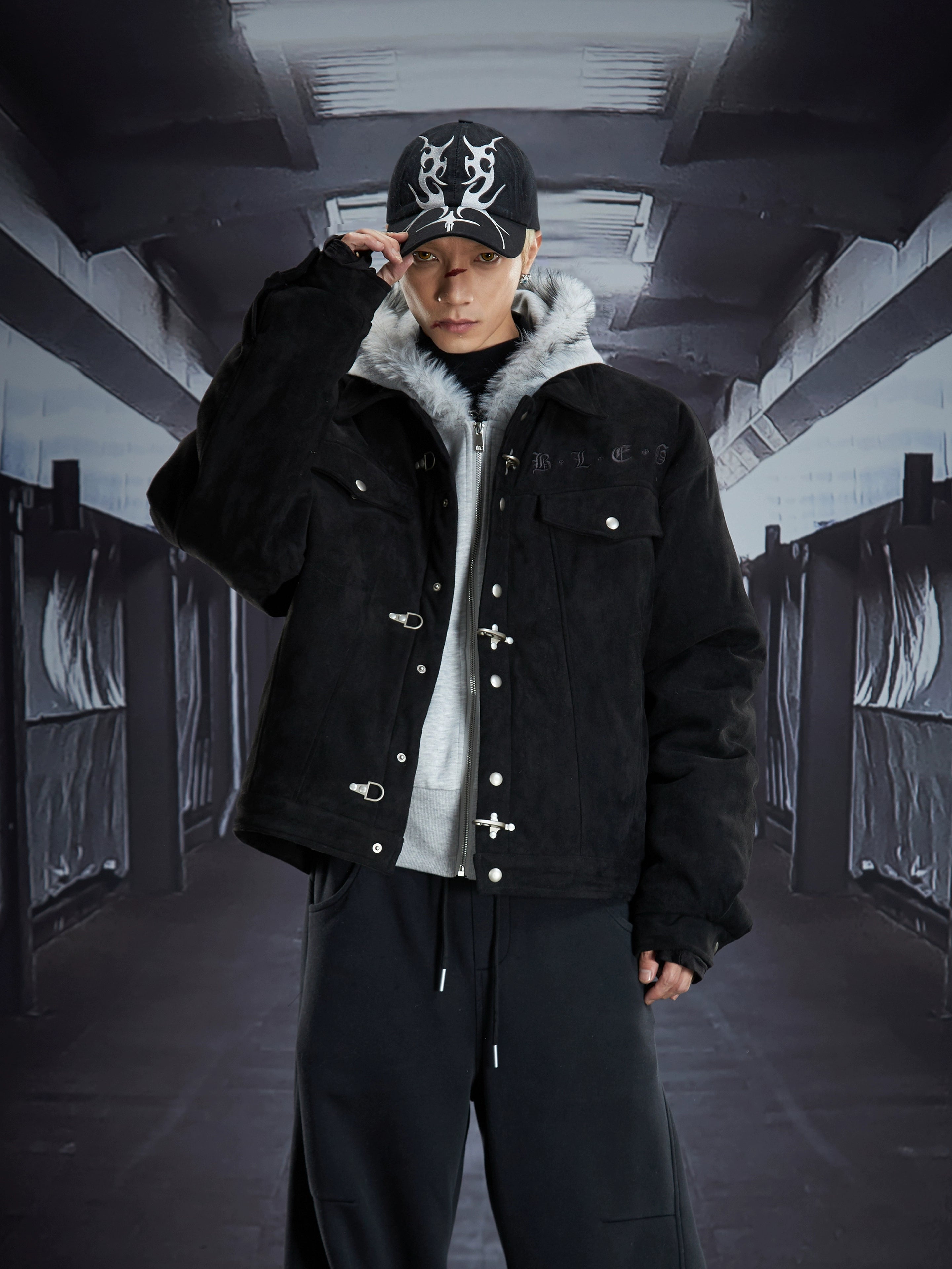 Embroidered Totem Cropped Flight-Buckle Puffer Jacket